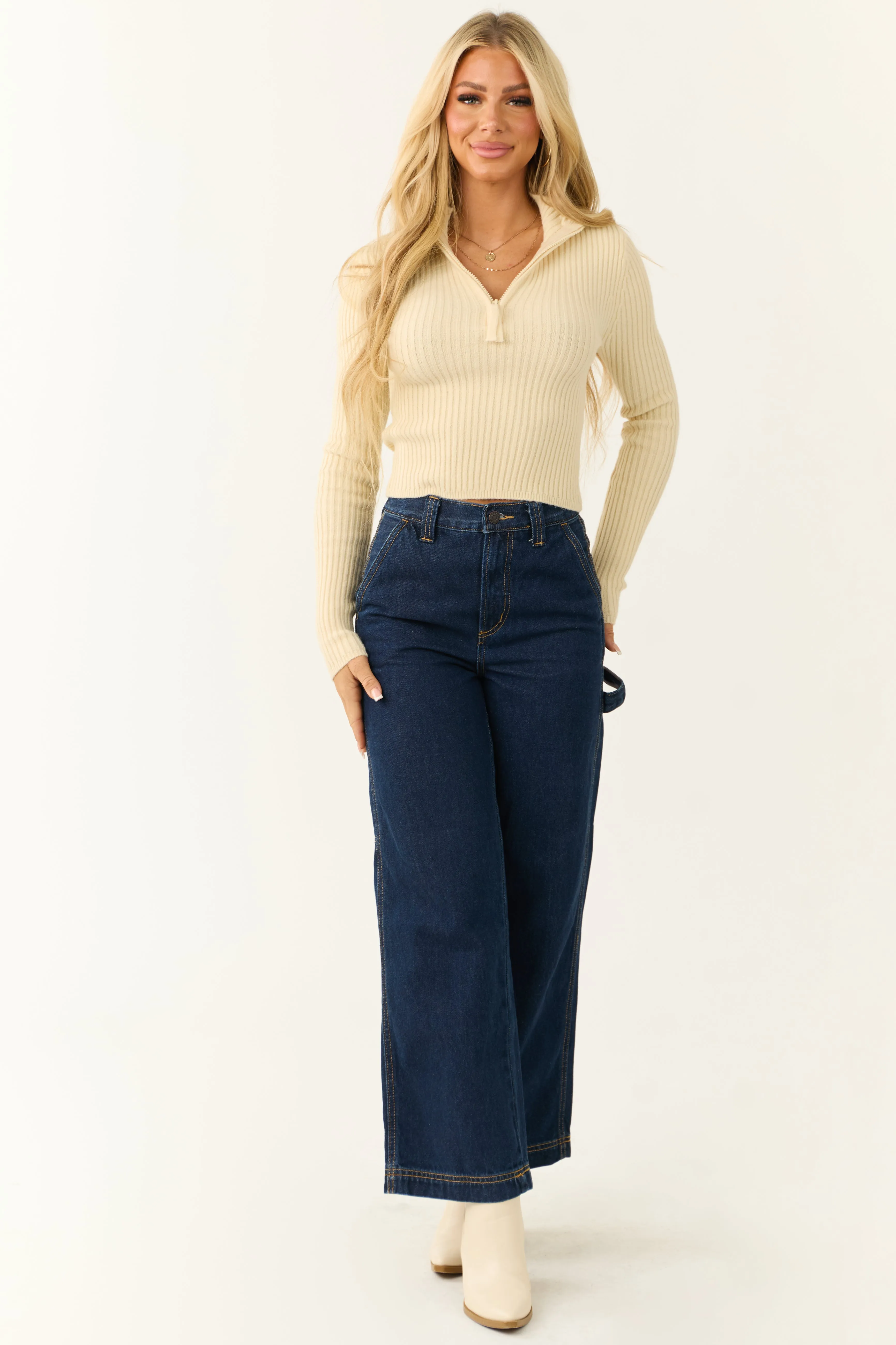 Cream Ribbed Knit Half Zip Fitted Top sold by Lime Lush product image thumbnail 3