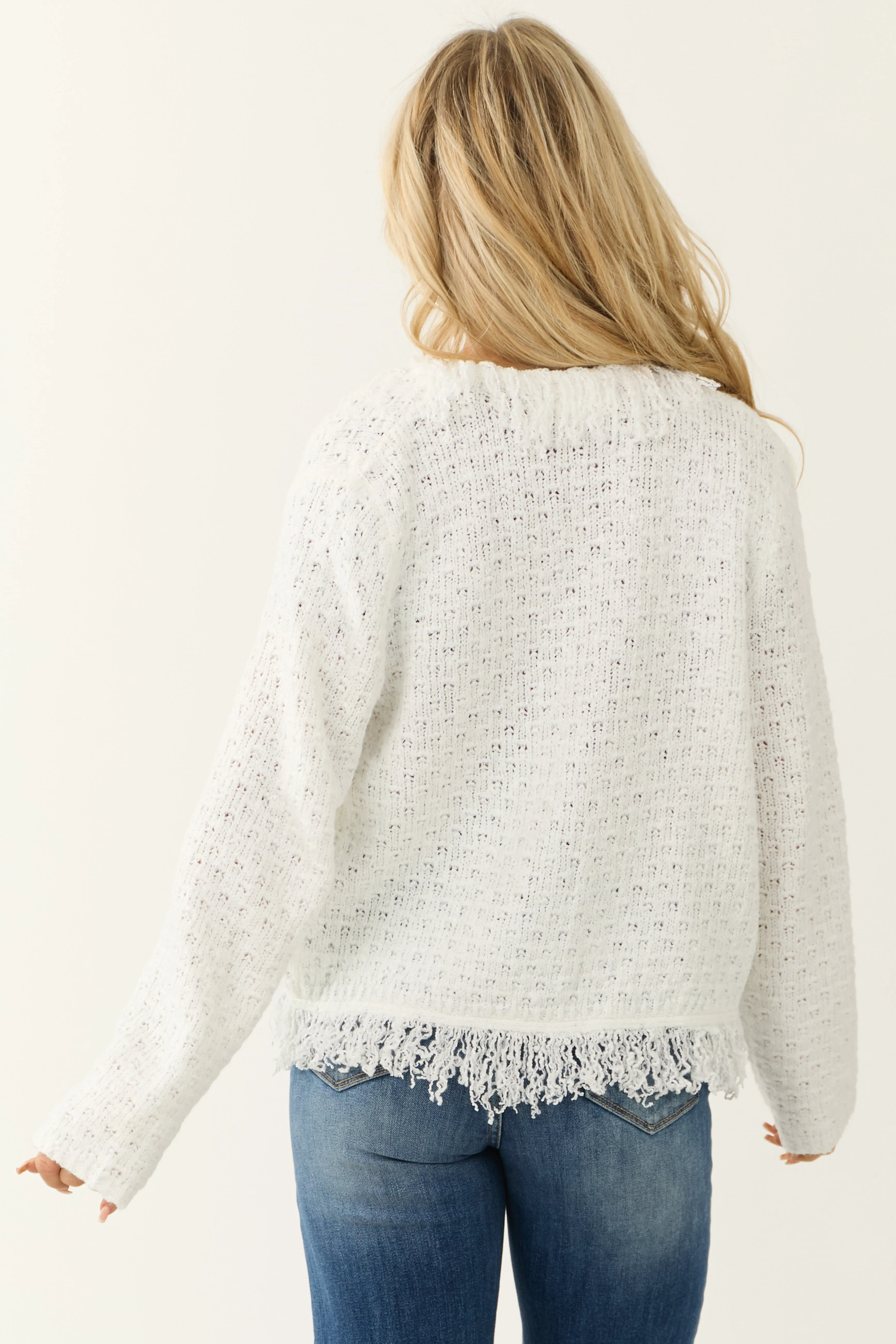 Ivory Open Front Fringe Trim Knit Cardigan sold by Lime Lush product image thumbnail 5