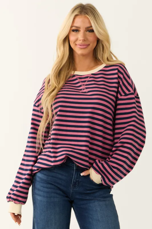 Hibiscus and Navy Striped Contrast Trim Knit Top sold by Lime Lush