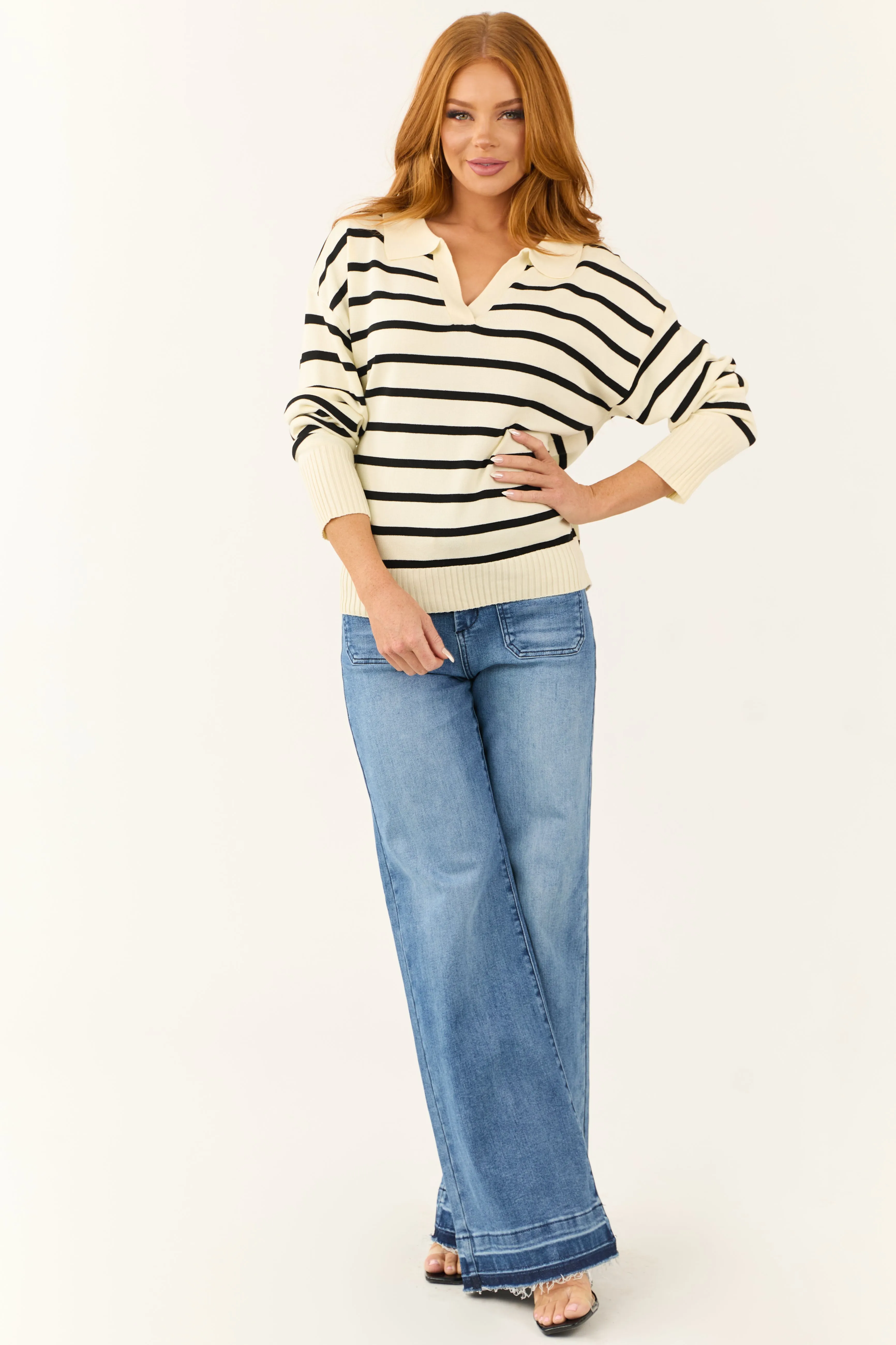 Cream and Black Striped Collared V Neck Sweater sold by Lime Lush product image thumbnail 4