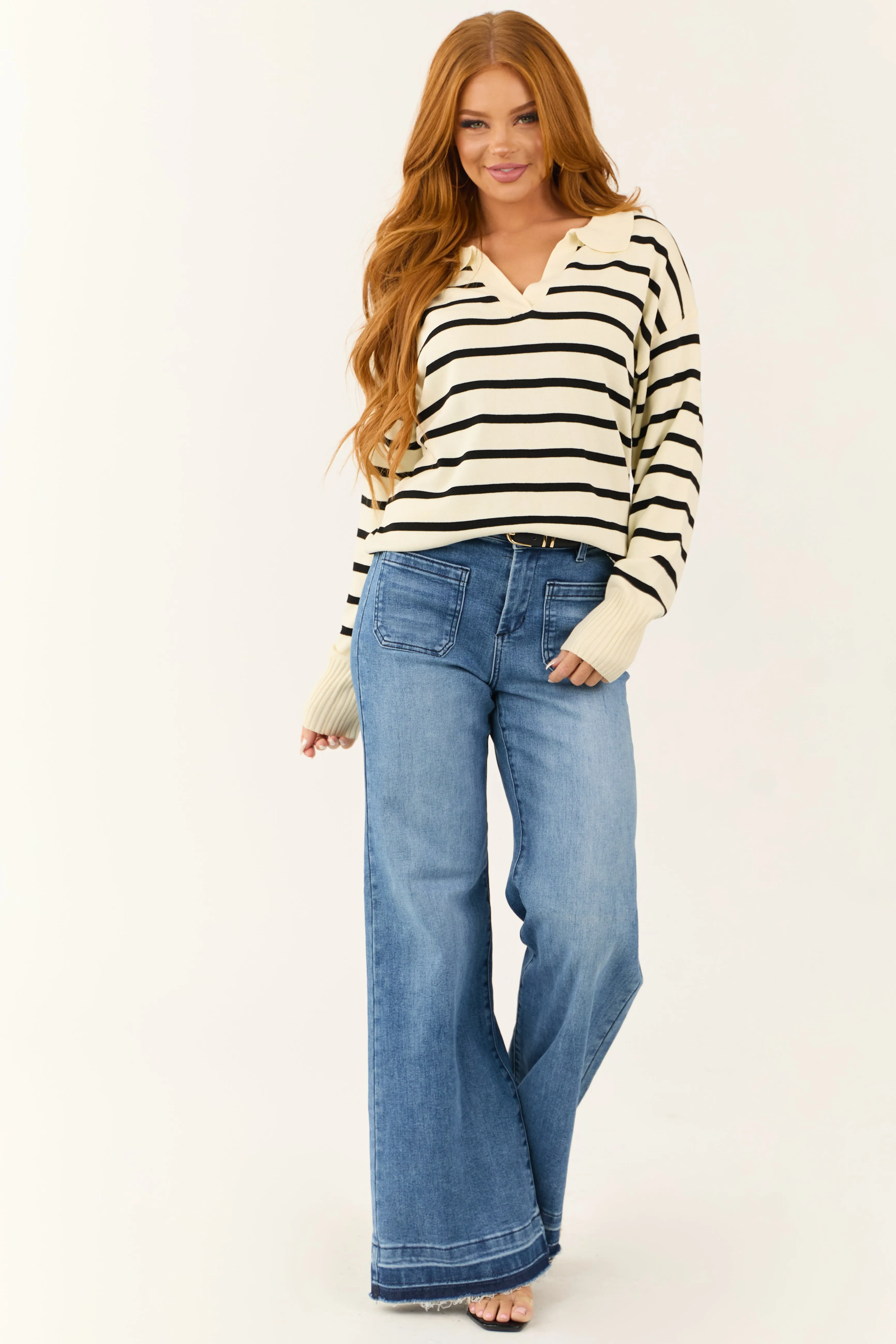 Cream and Black Striped Collared V Neck Sweater sold by Lime Lush product image thumbnail 3