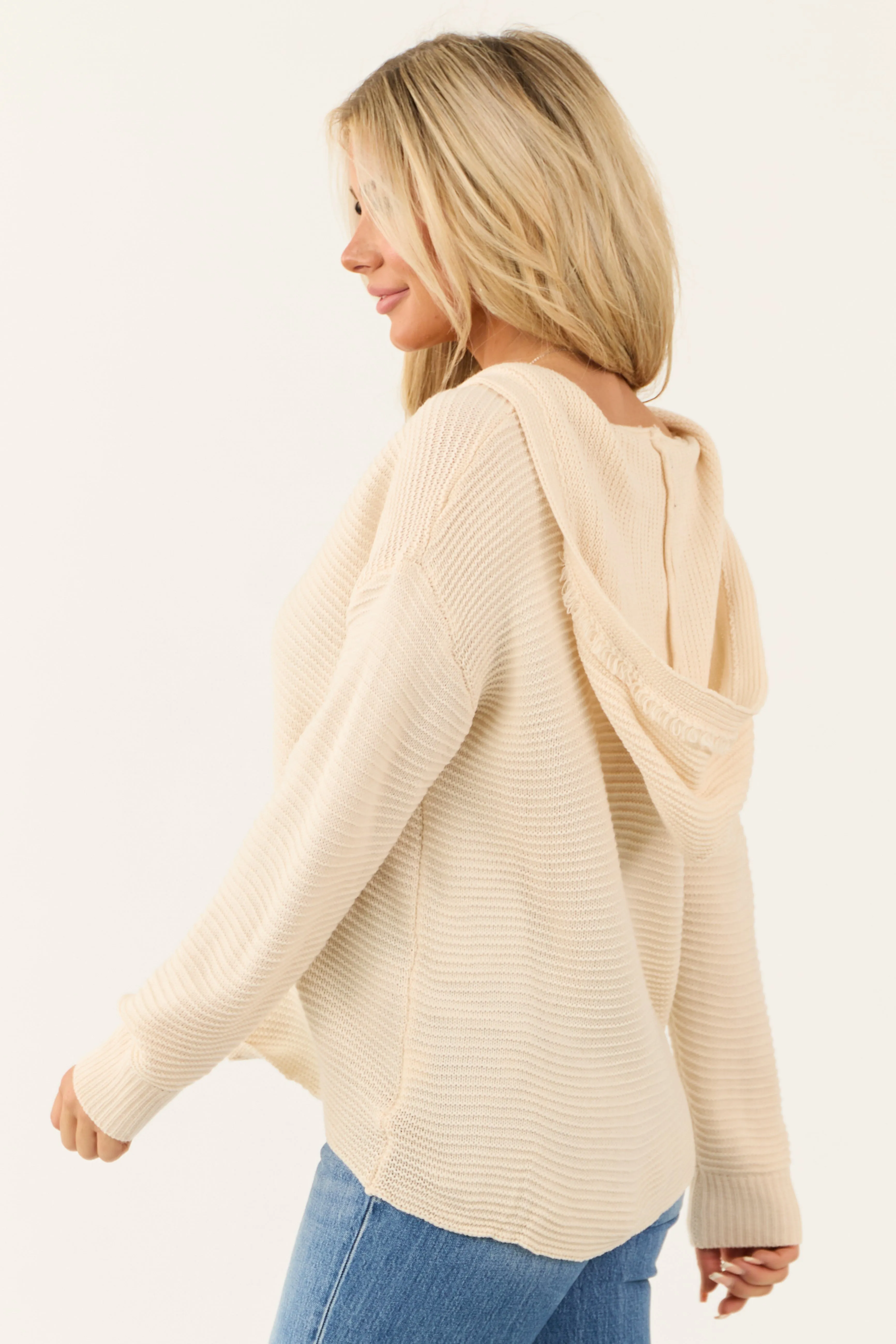 Cream Ribbed Knit Fringe Neckline Hooded Sweater sold by Lime Lush product image thumbnail 4