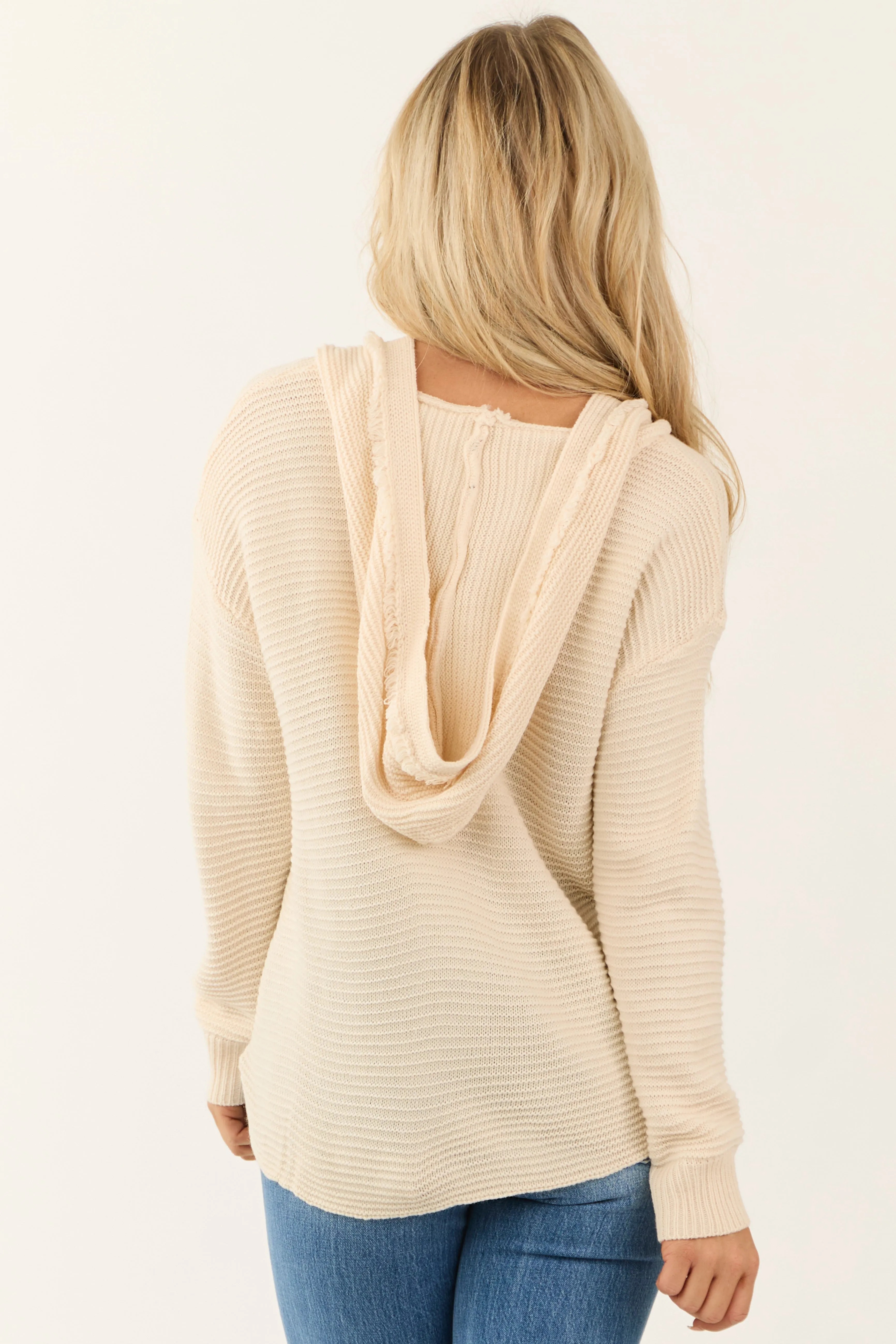 Cream Ribbed Knit Fringe Neckline Hooded Sweater sold by Lime Lush product image thumbnail 5
