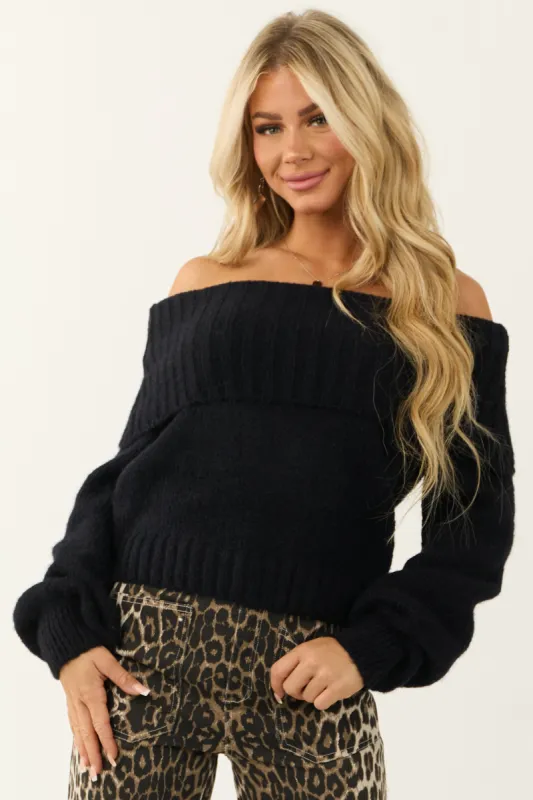 Black Fold Over Off Shoulder Neckline Sweater sold by Lime Lush