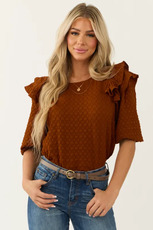 Cinnamon Ruffle Shoulder Textured Jacquard Top sold by Lime Lush