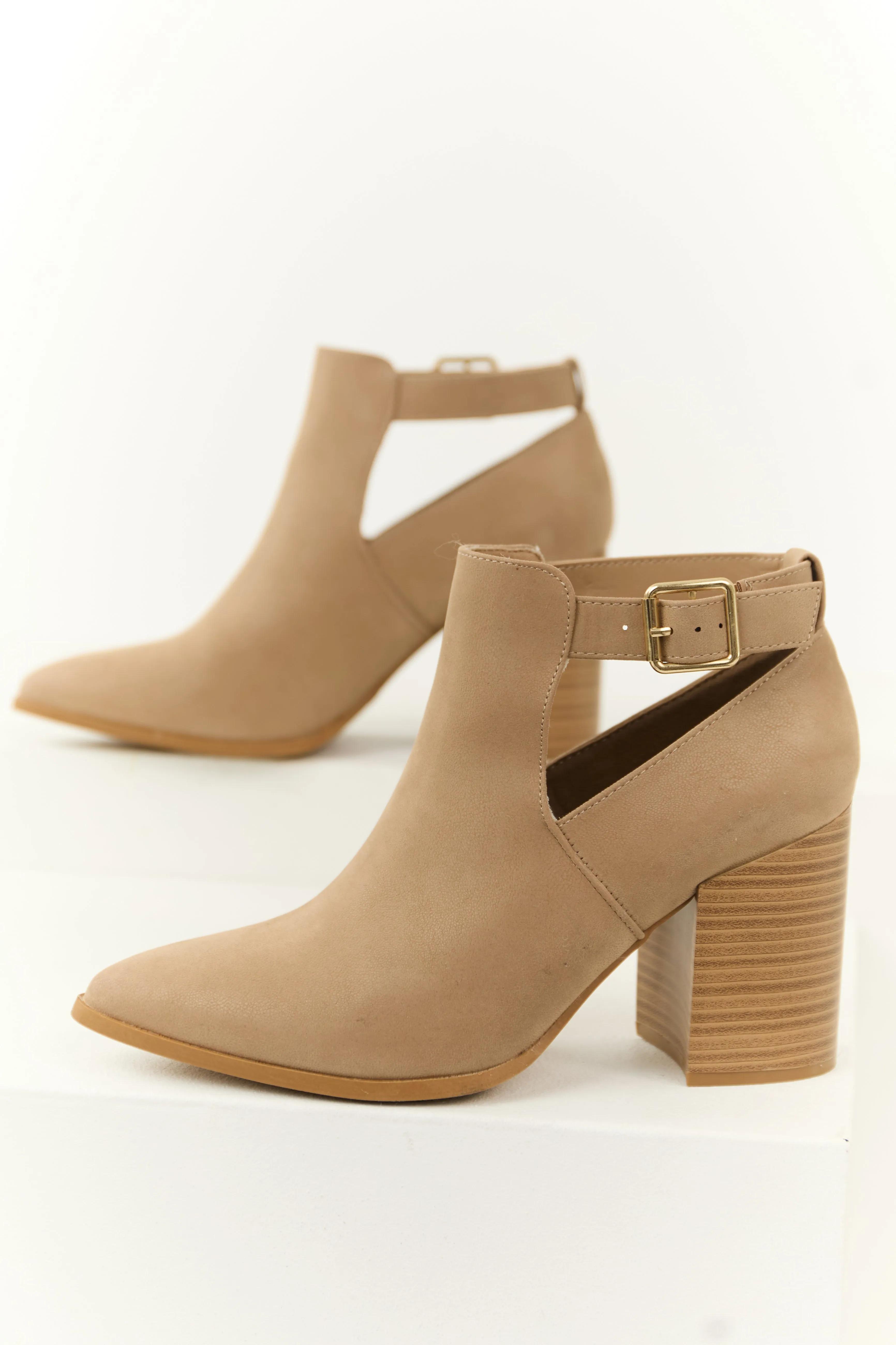 Camel Pointed Toe Block Heel Ankle Buckle Booties sold by Lime Lush
