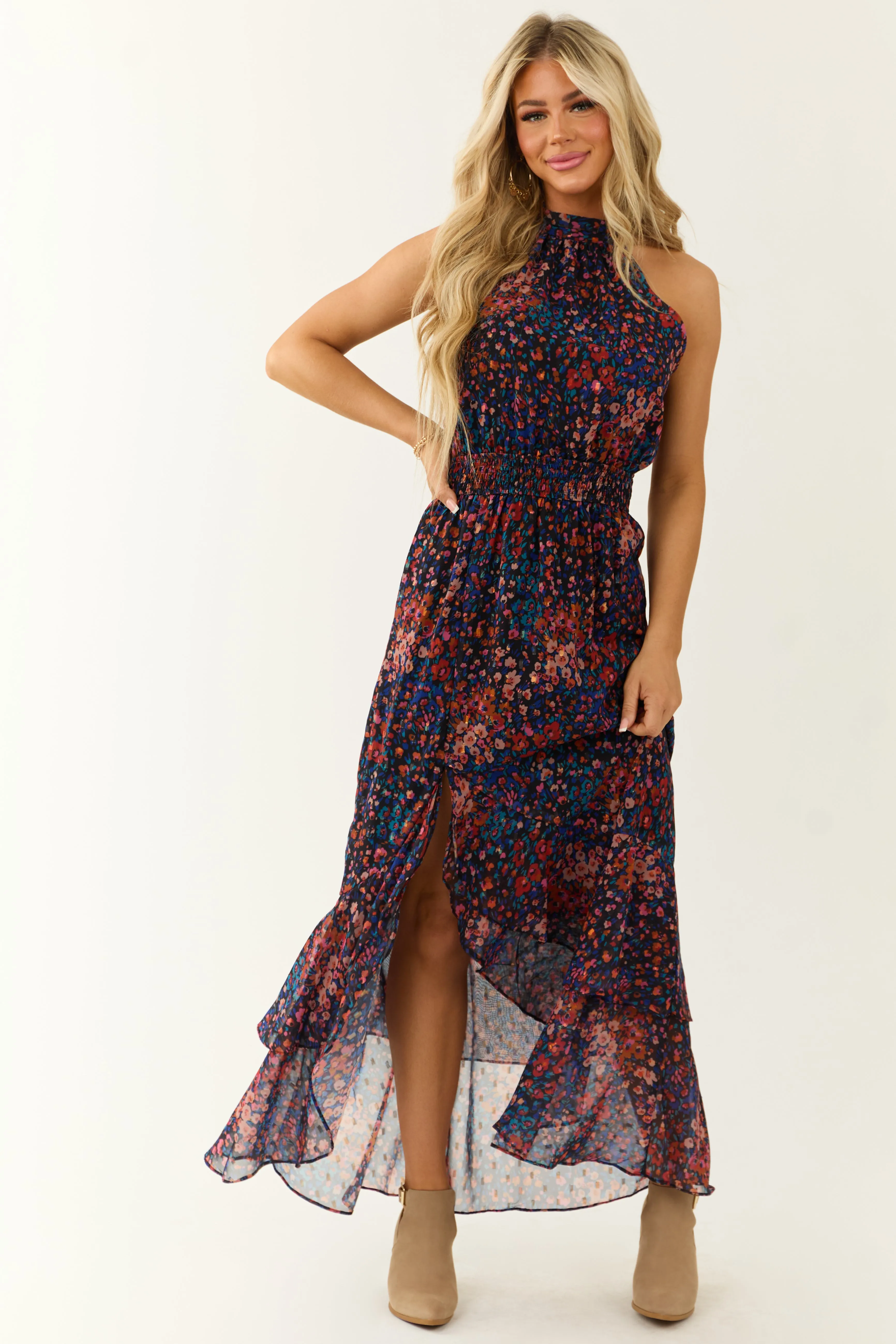 Multicolor Floral Print Chiffon Halter Neck Maxi Dress sold by Lime Lush