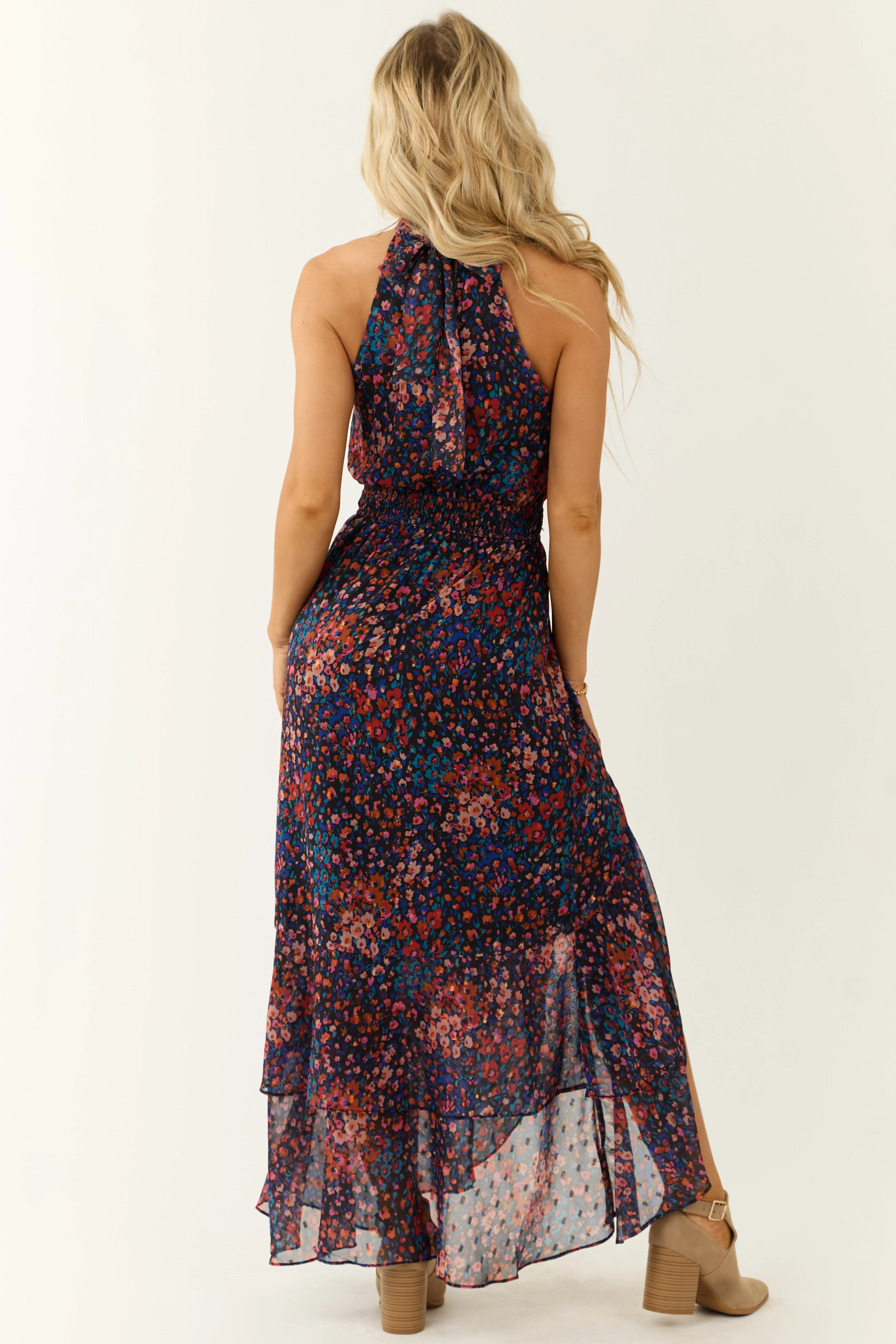 Multicolor Floral Print Chiffon Halter Neck Maxi Dress sold by Lime Lush product image thumbnail 5