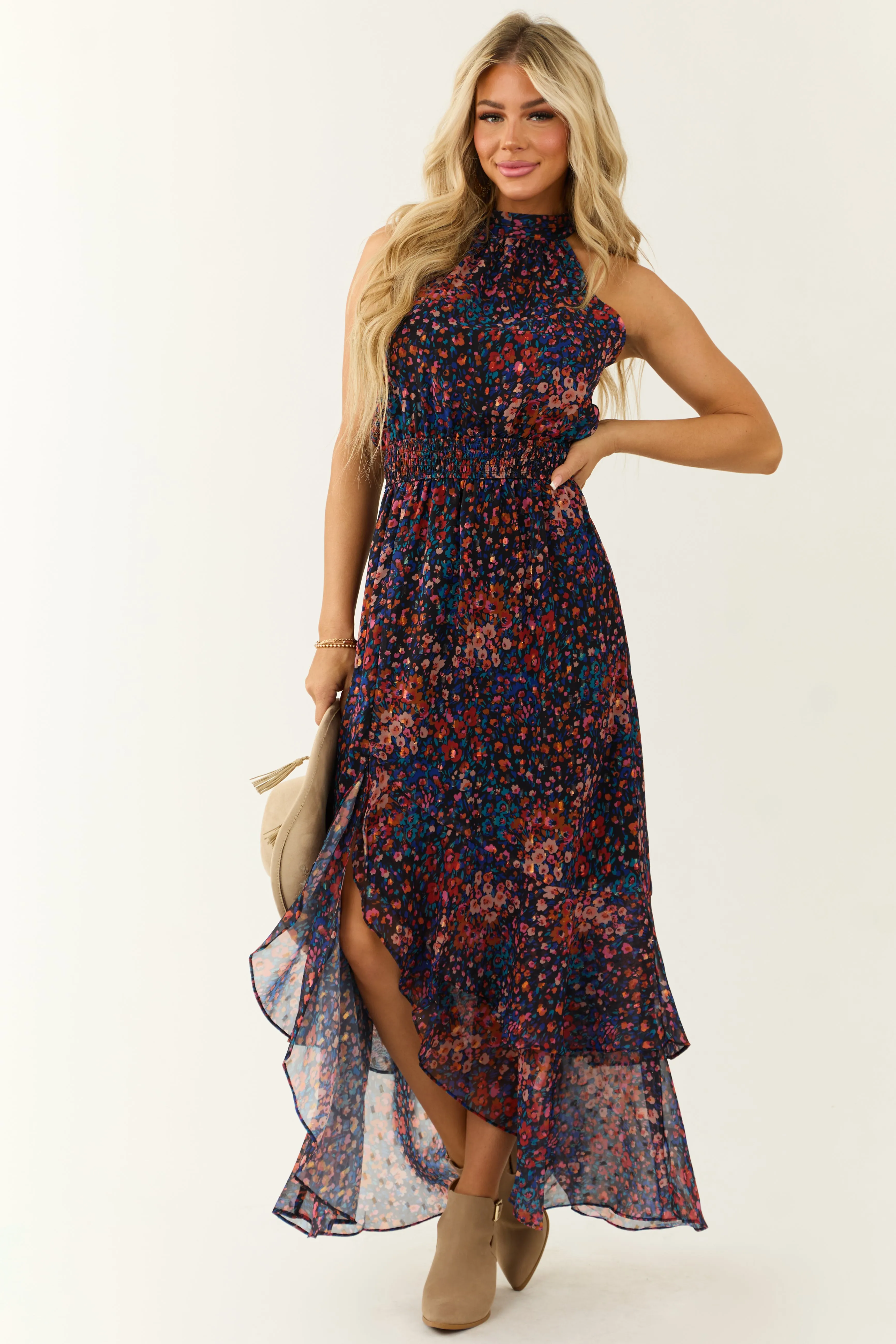 Multicolor Floral Print Chiffon Halter Neck Maxi Dress sold by Lime Lush product image thumbnail 3