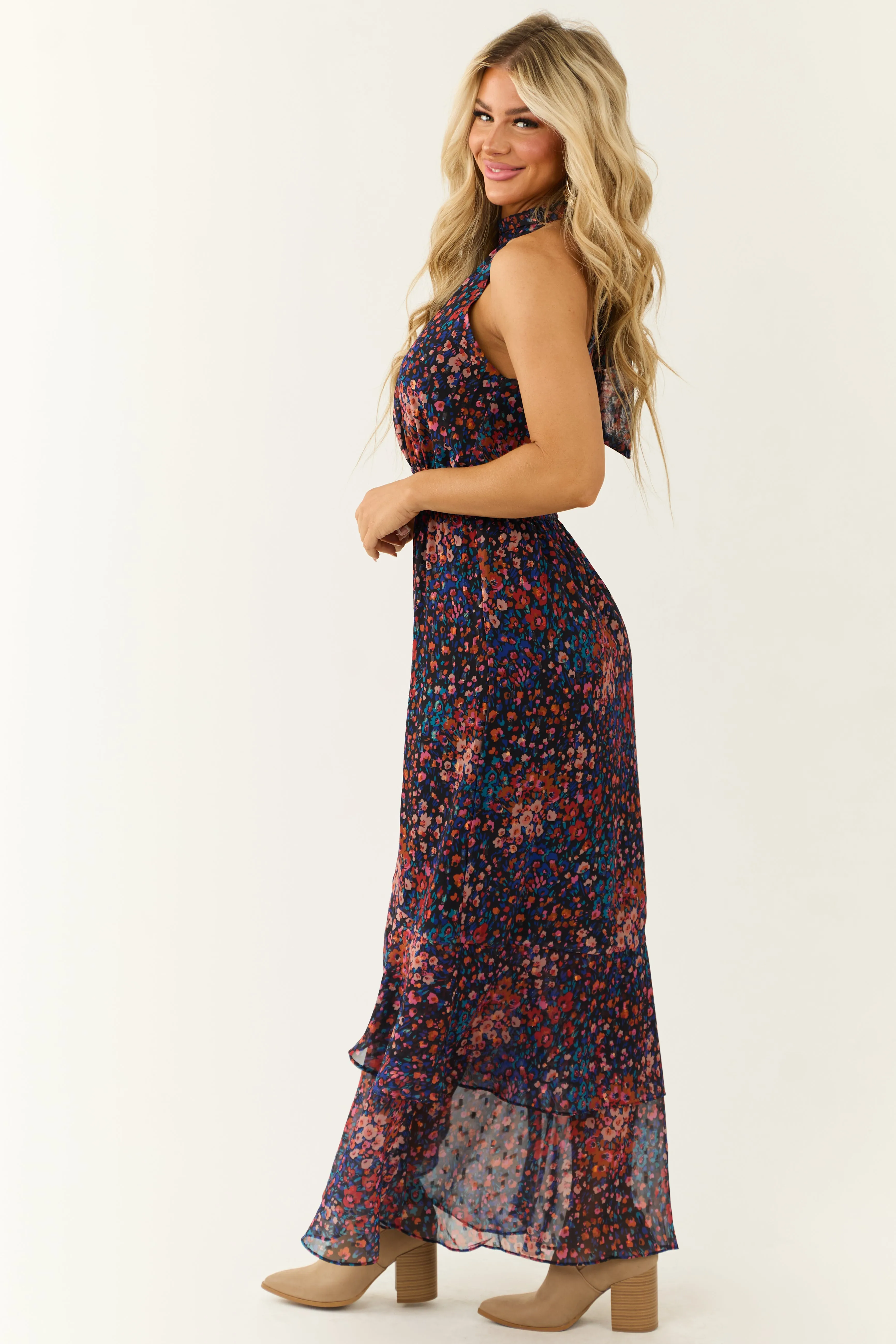 Multicolor Floral Print Chiffon Halter Neck Maxi Dress sold by Lime Lush product image thumbnail 4