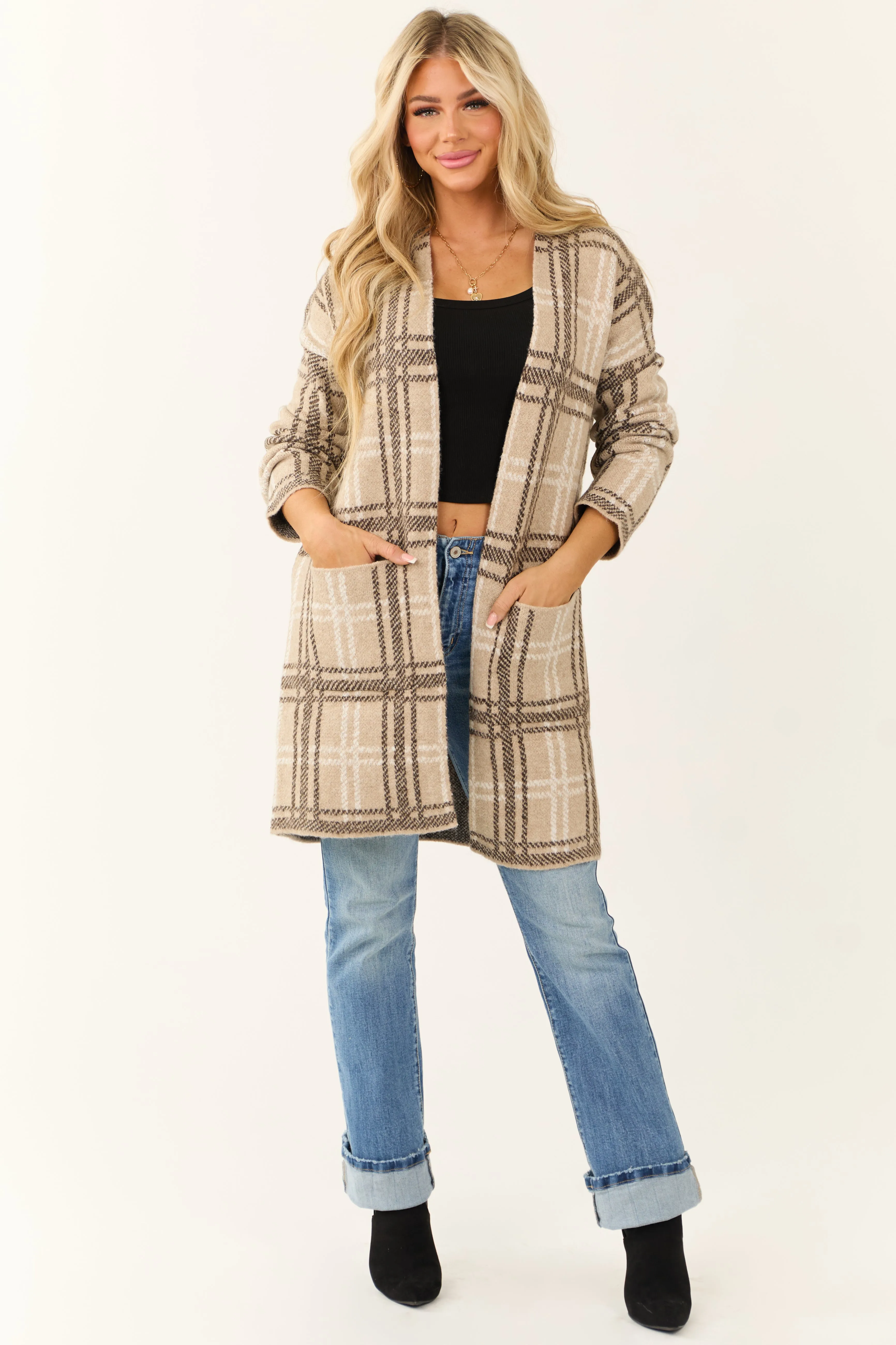 Oatmeal Open Front Plaid Knit Long Cardigan sold by Lime Lush product image thumbnail 3