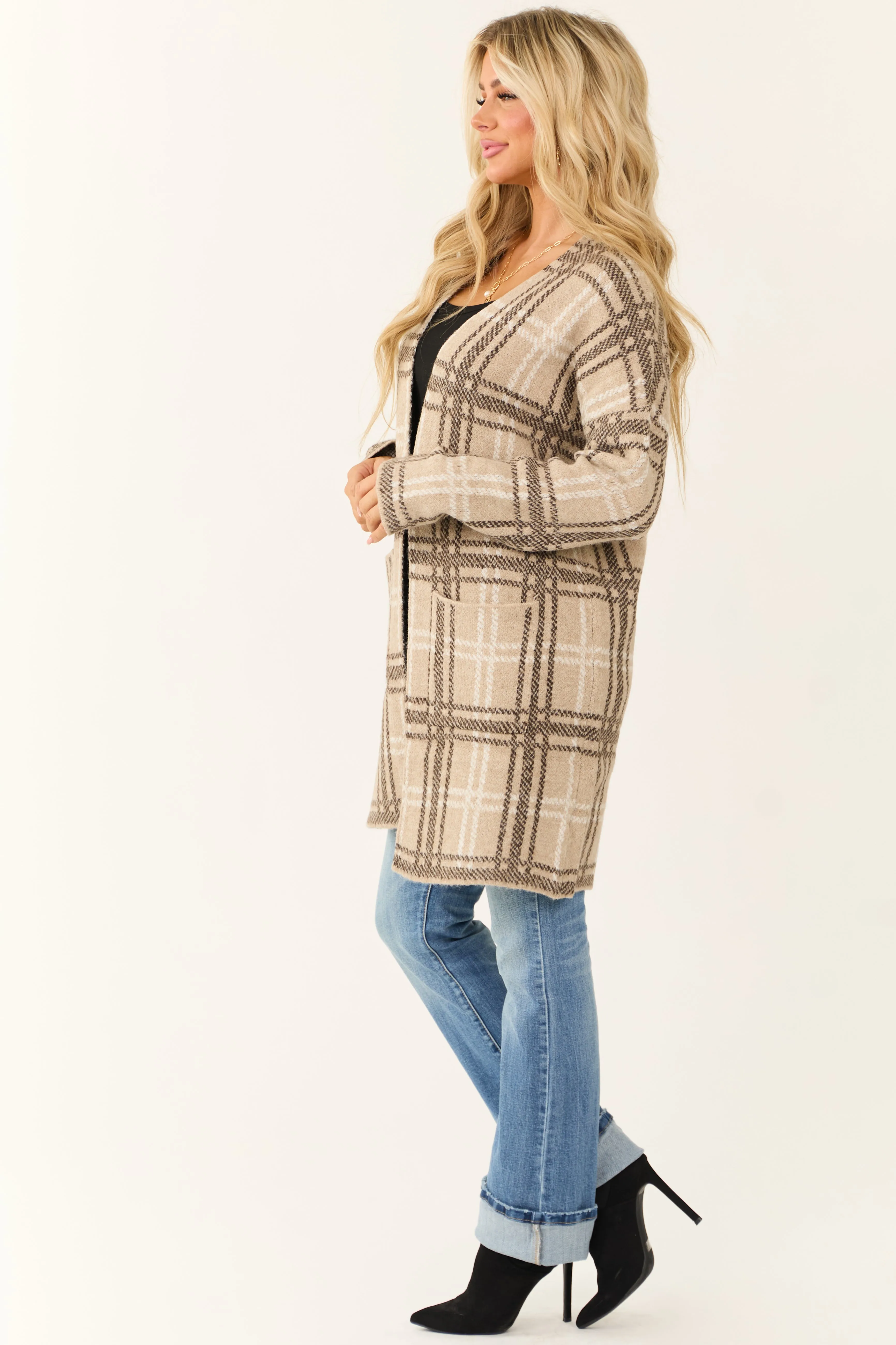 Oatmeal Open Front Plaid Knit Long Cardigan sold by Lime Lush product image thumbnail 4