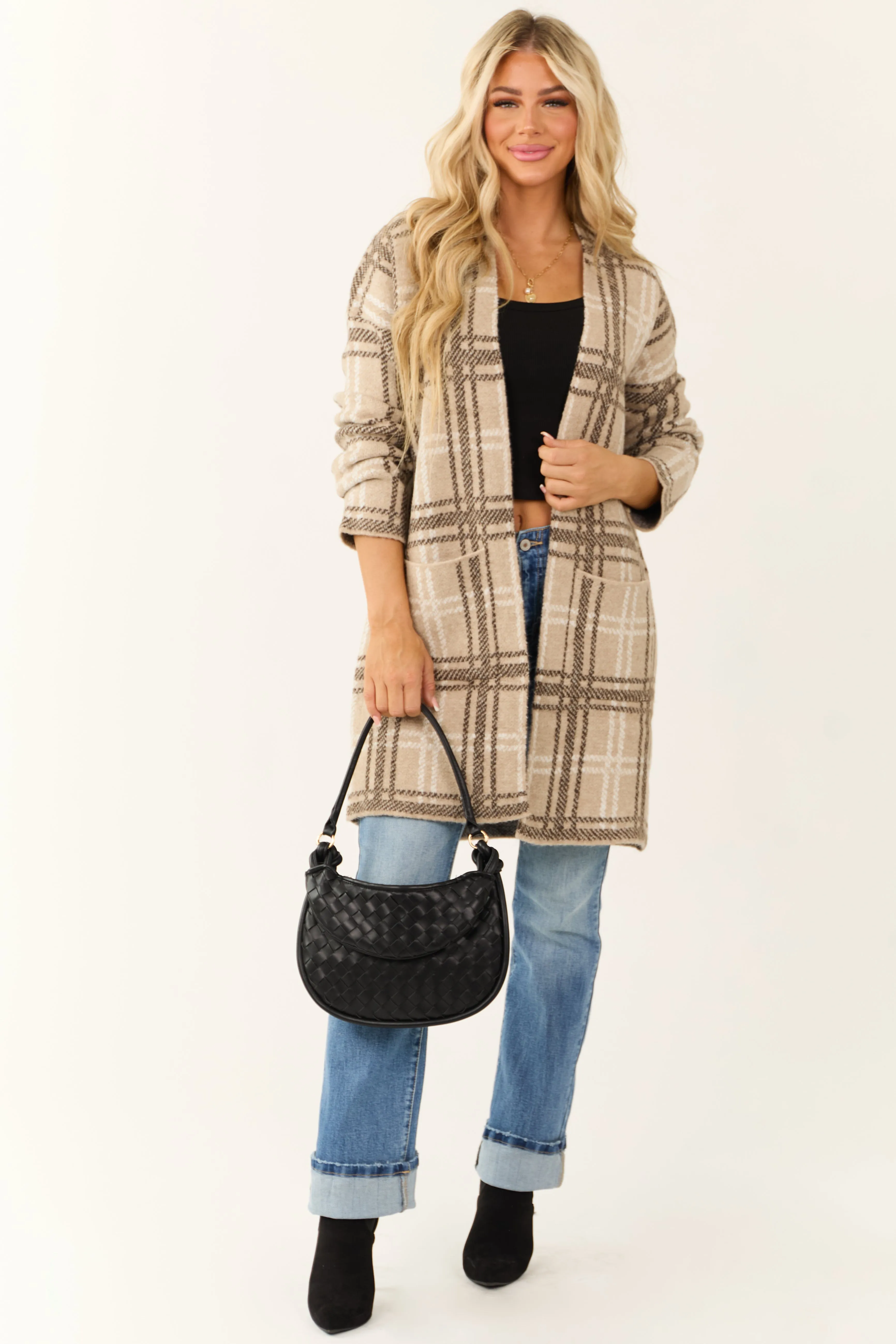 Oatmeal Open Front Plaid Knit Long Cardigan sold by Lime Lush