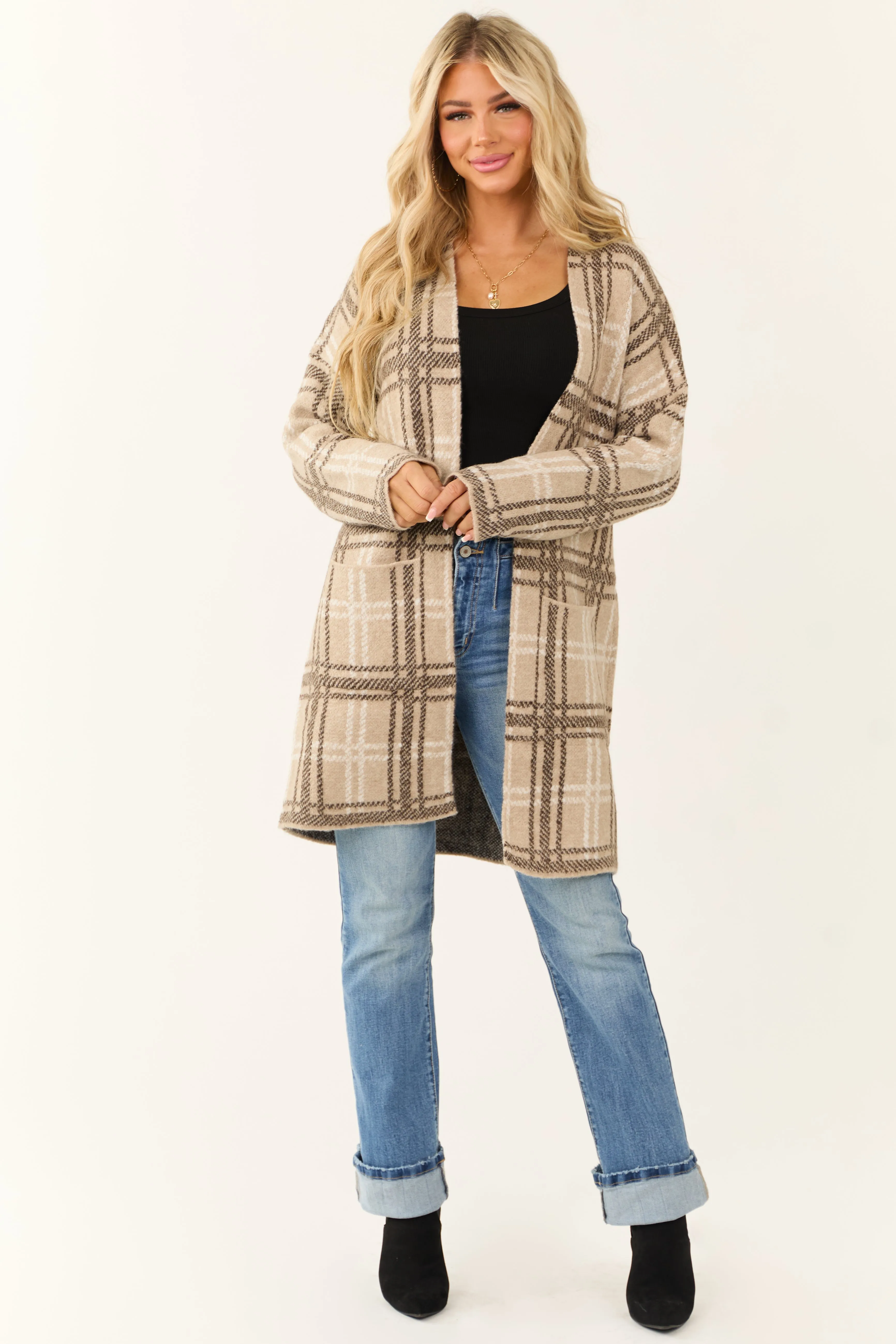 Oatmeal Open Front Plaid Knit Long Cardigan sold by Lime Lush product image thumbnail 2