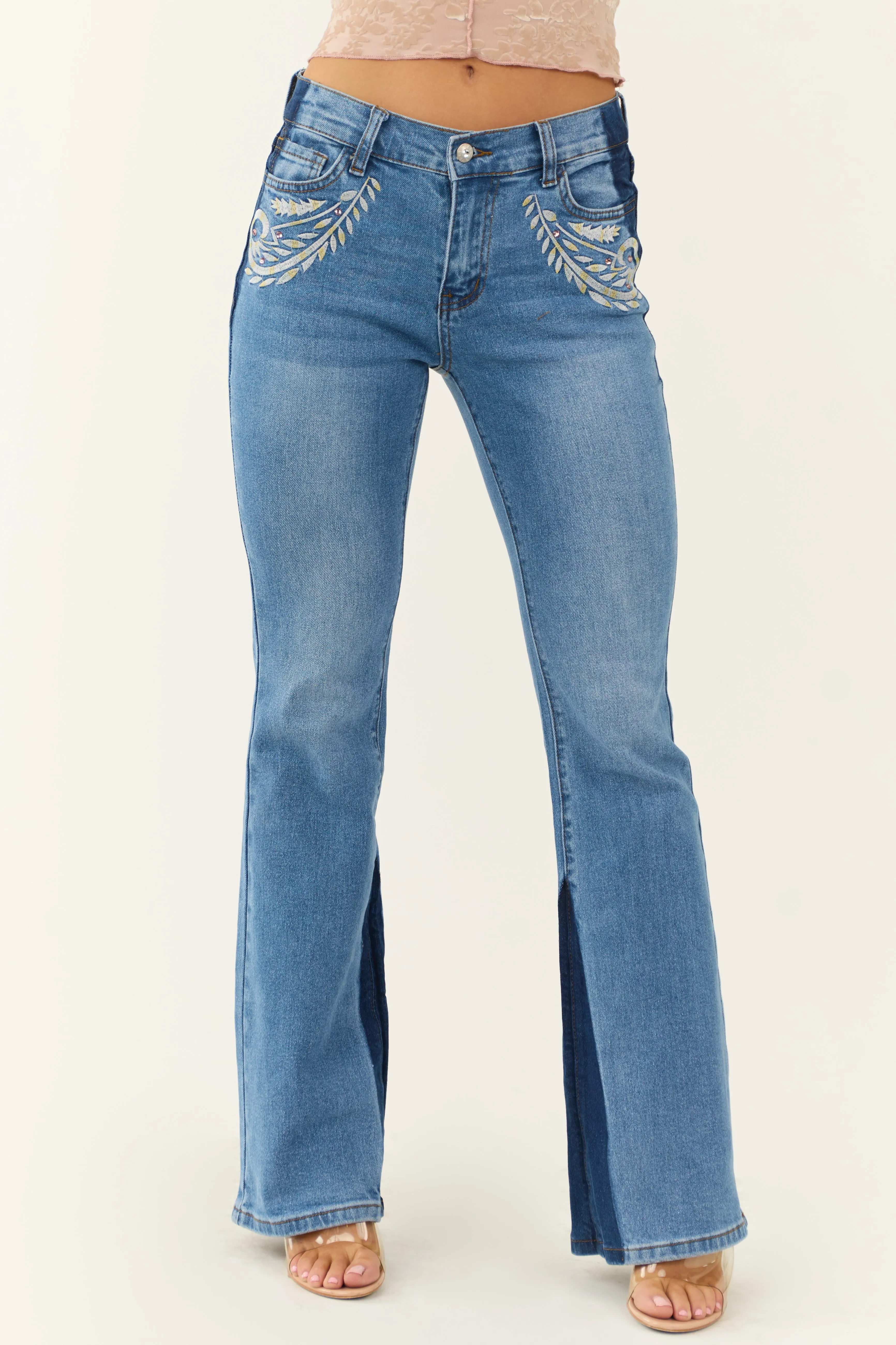Medium Wash Embroidered Western Bootcut Jeans sold by Lime Lush