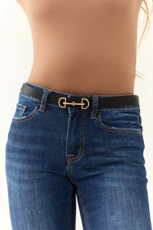 Black Faux Leather Horse Bit Buckle Skinny Belt sold by Lime Lush