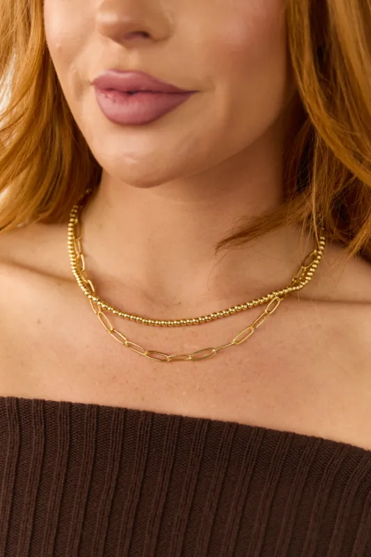 Gold Dipped Bead and Chain Layered Necklace sold by Lime Lush