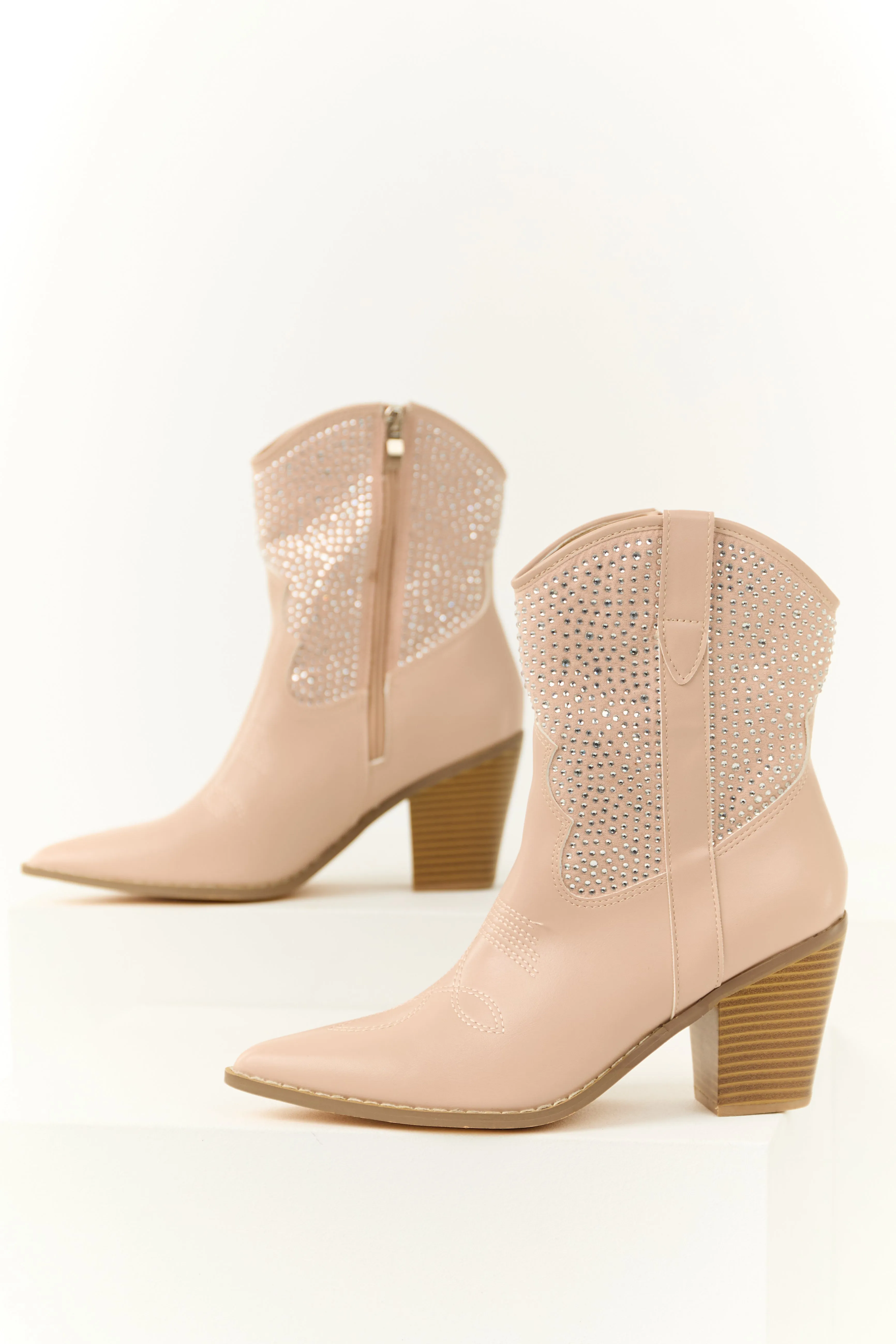 Pale Blush Rhinestone Embellished Western Booties sold by Lime Lush