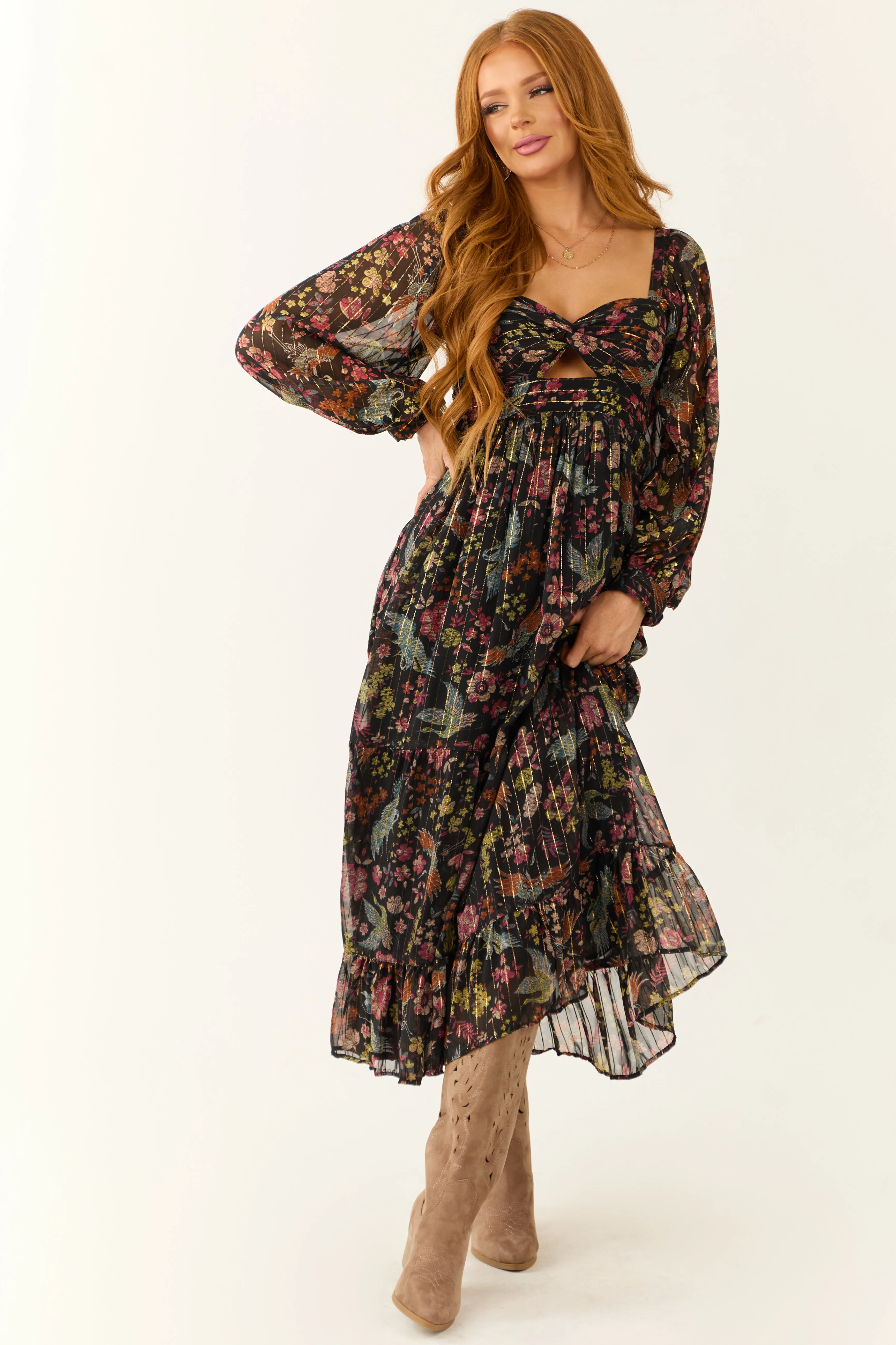 Black Floral Print Front Twist Maxi Dress sold by Lime Lush product image thumbnail 2