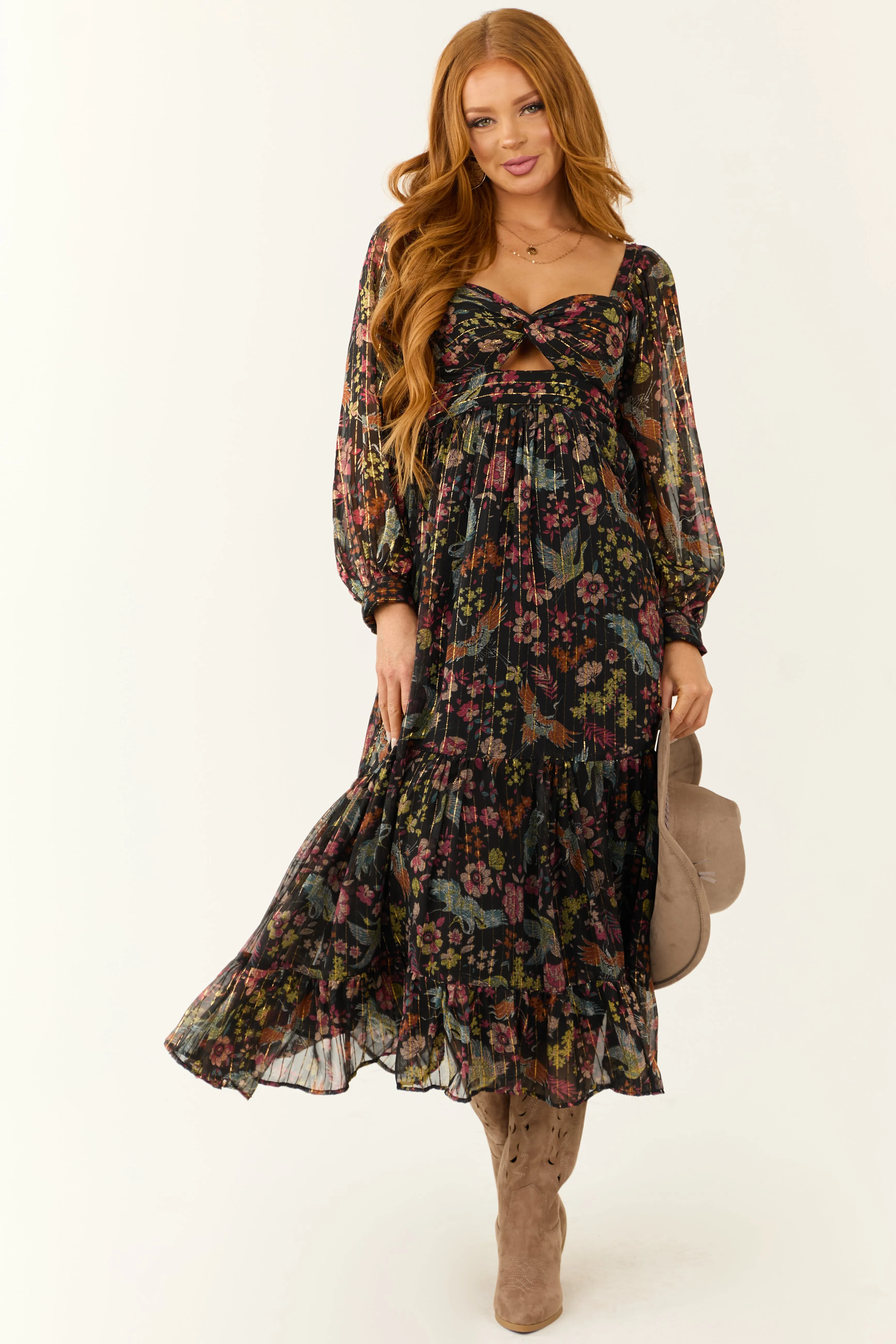 Black Floral Print Front Twist Maxi Dress sold by Lime Lush product image thumbnail 3