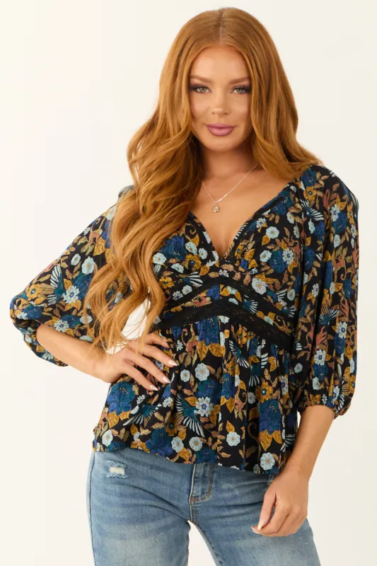 Black Floral Print Lace Detail V Neck Blouse sold by Lime Lush