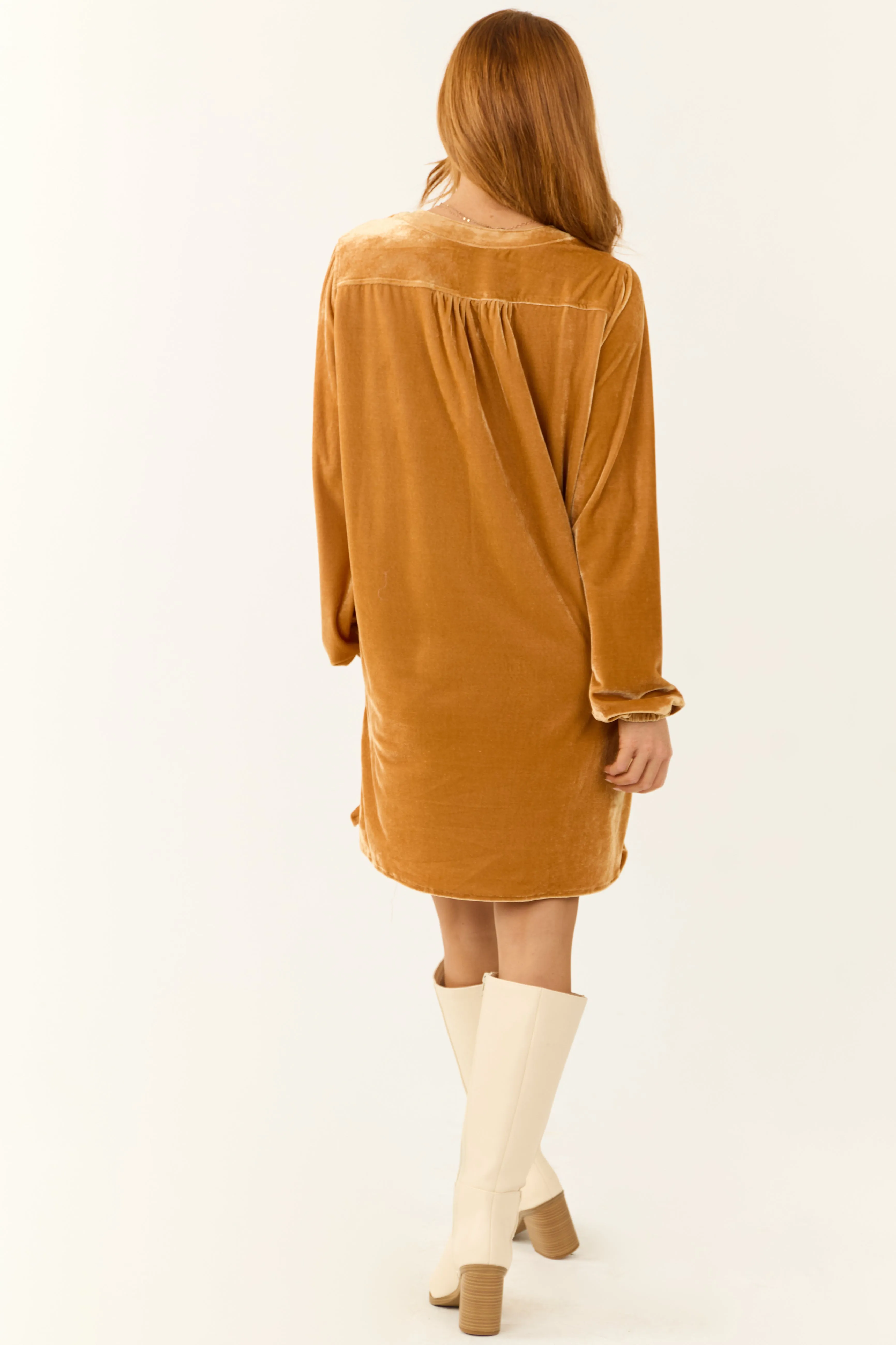 Light Caramel Notch Neck Shift Fit Velvet Dress sold by Lime Lush product image thumbnail 5