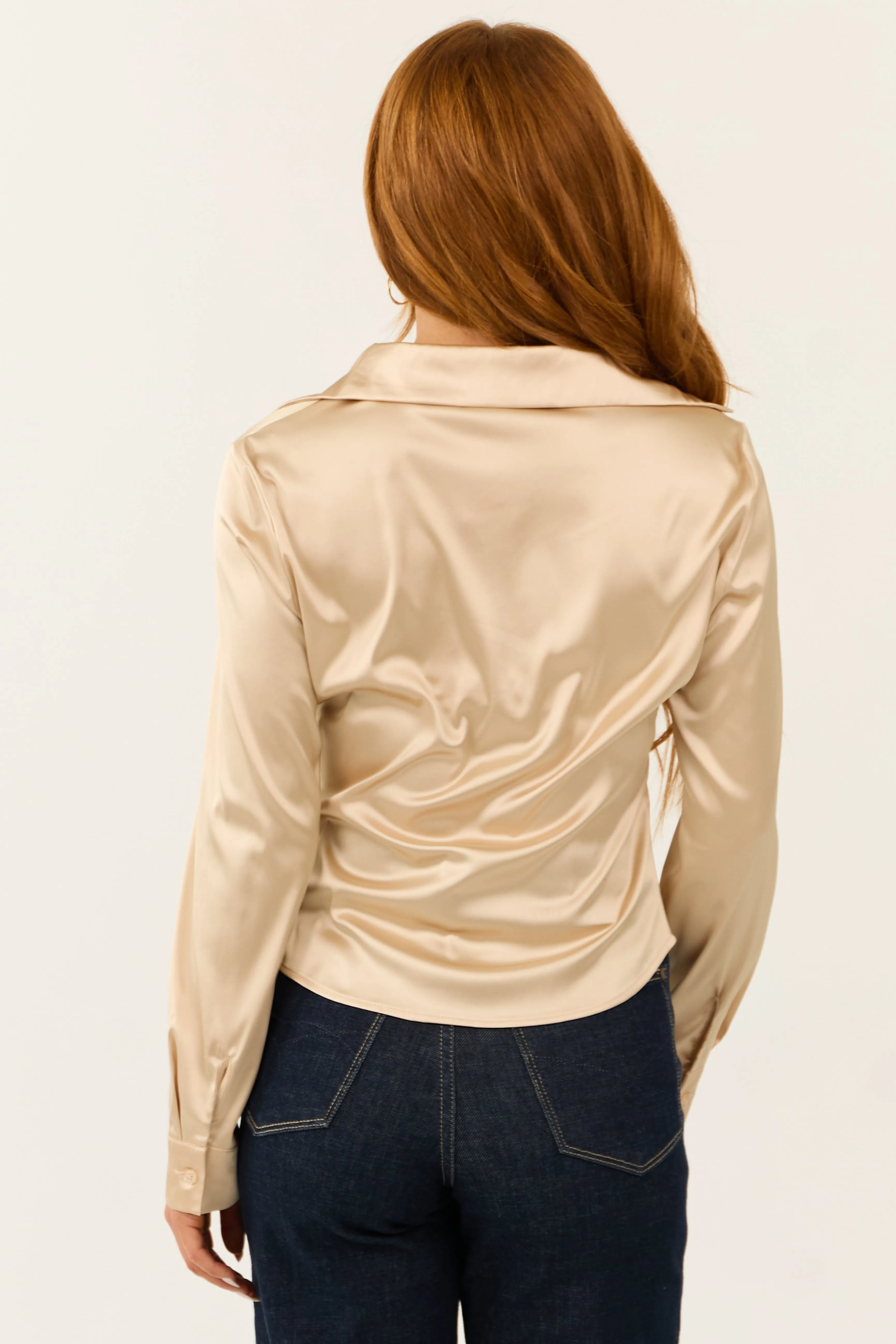 Beige Satin Long Sleeve Ruched Blouse sold by Lime Lush product image thumbnail 5