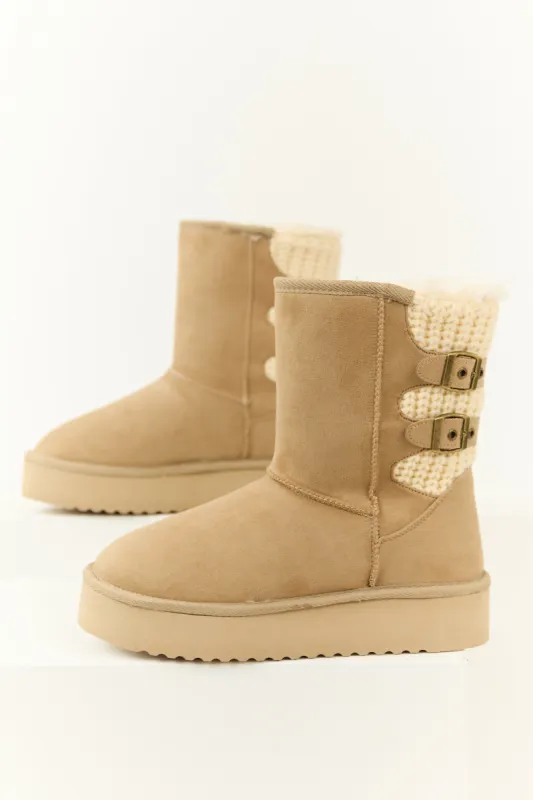 Khaki Faux Fur Lined Boot with Double Buckle sold by Lime Lush