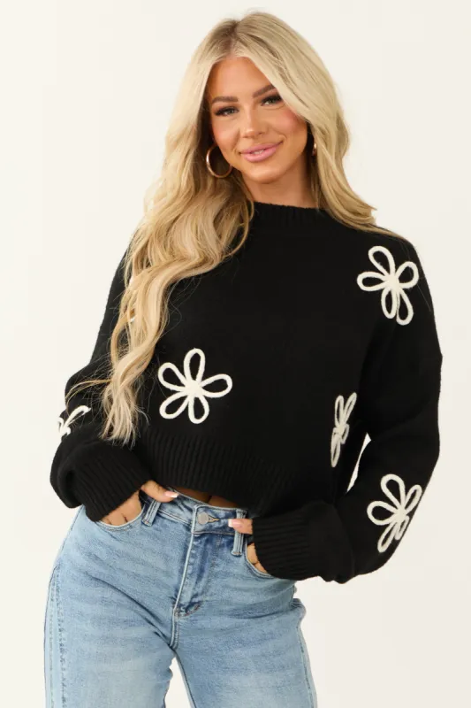 Black Mock Neck Floral Applique Sweater sold by Lime Lush