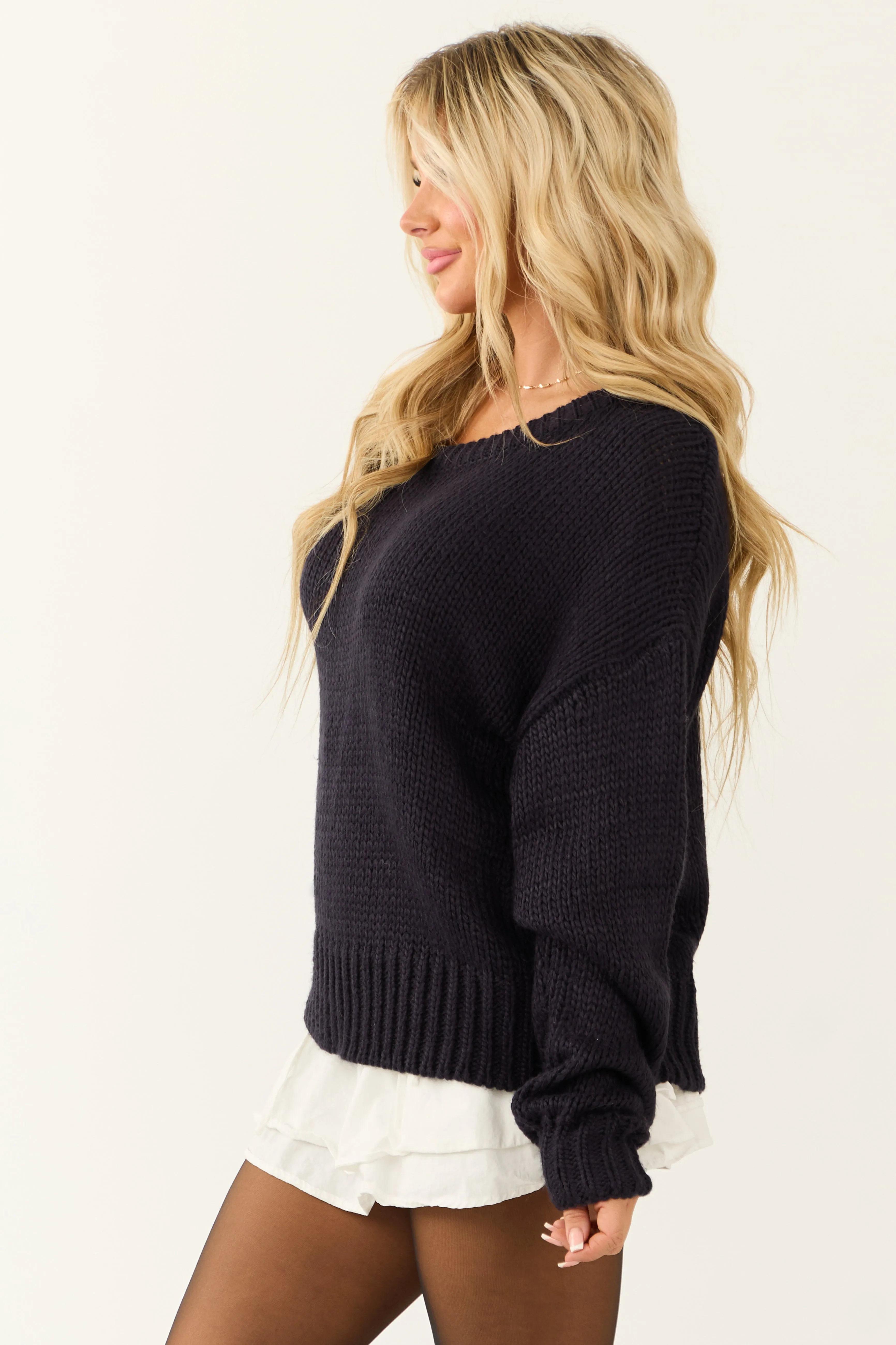 Navy One Shoulder Long Sleeve Knit Sweater sold by Lime Lush product image thumbnail 5