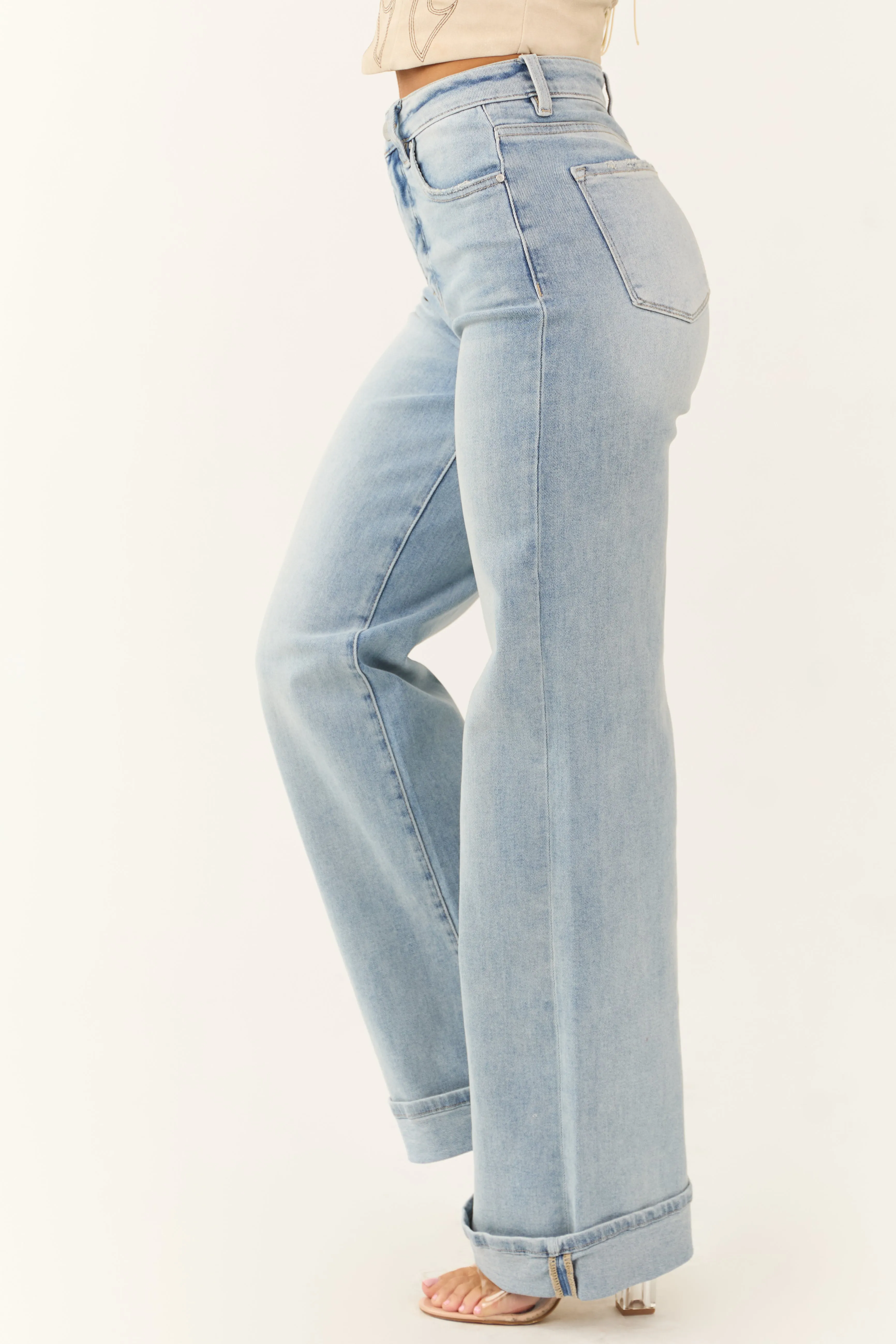 Risen Light Wash Tummy Control Wide Leg Cuffed Jeans sold by Lime Lush product image thumbnail 3