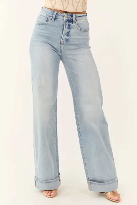 Risen Light Wash Tummy Control Wide Leg Cuffed Jeans sold by Lime Lush