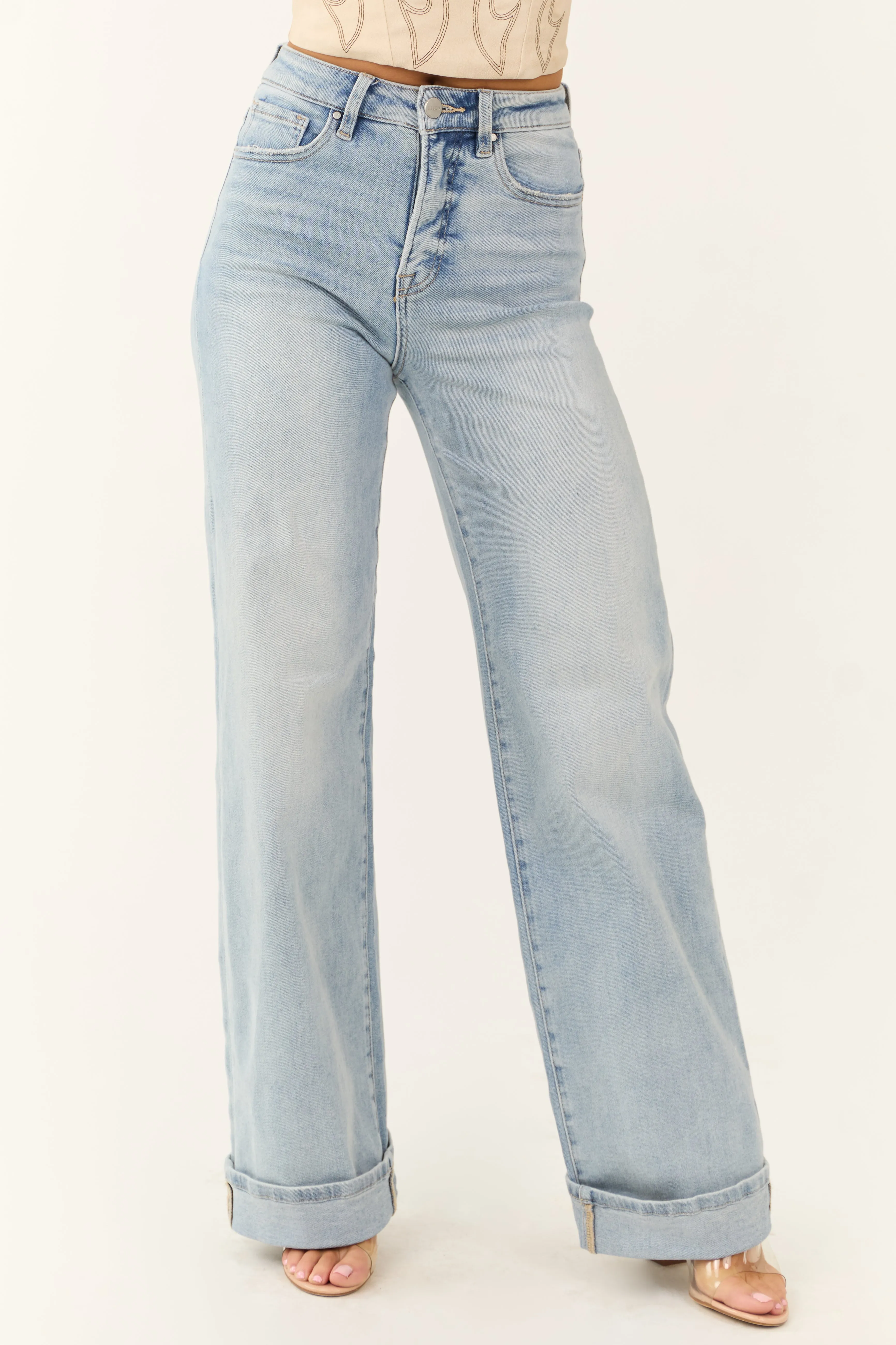 Risen Light Wash Tummy Control Wide Leg Cuffed Jeans sold by Lime Lush