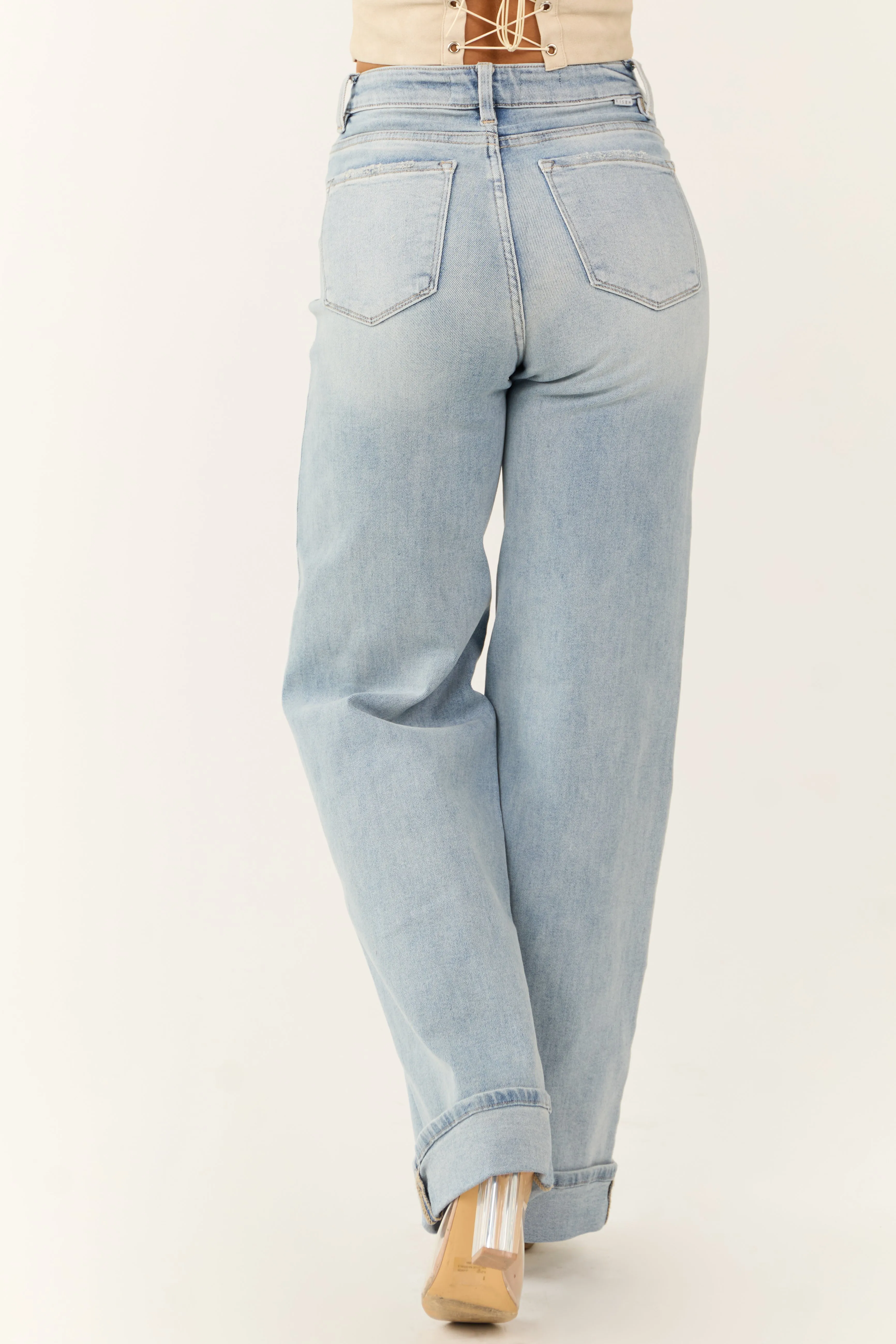 Risen Light Wash Tummy Control Wide Leg Cuffed Jeans sold by Lime Lush product image thumbnail 4