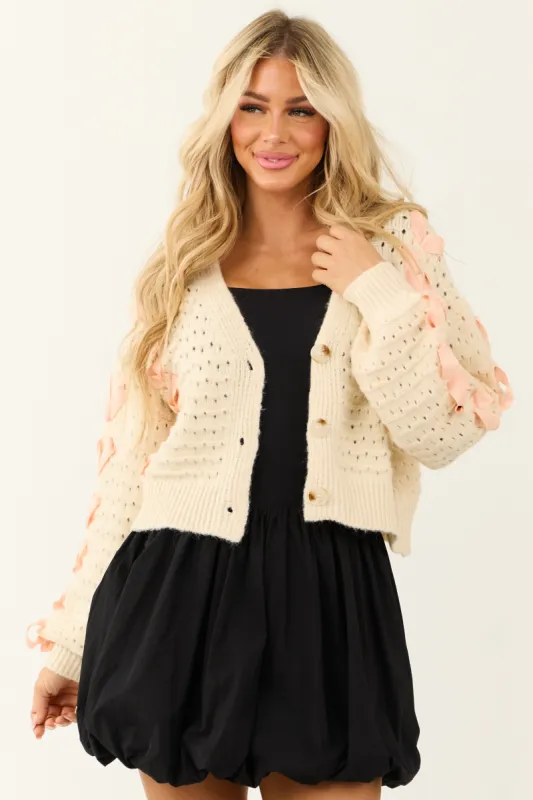 Ivory Ribbon Detail Pointelle Knit Cardigan sold by Lime Lush