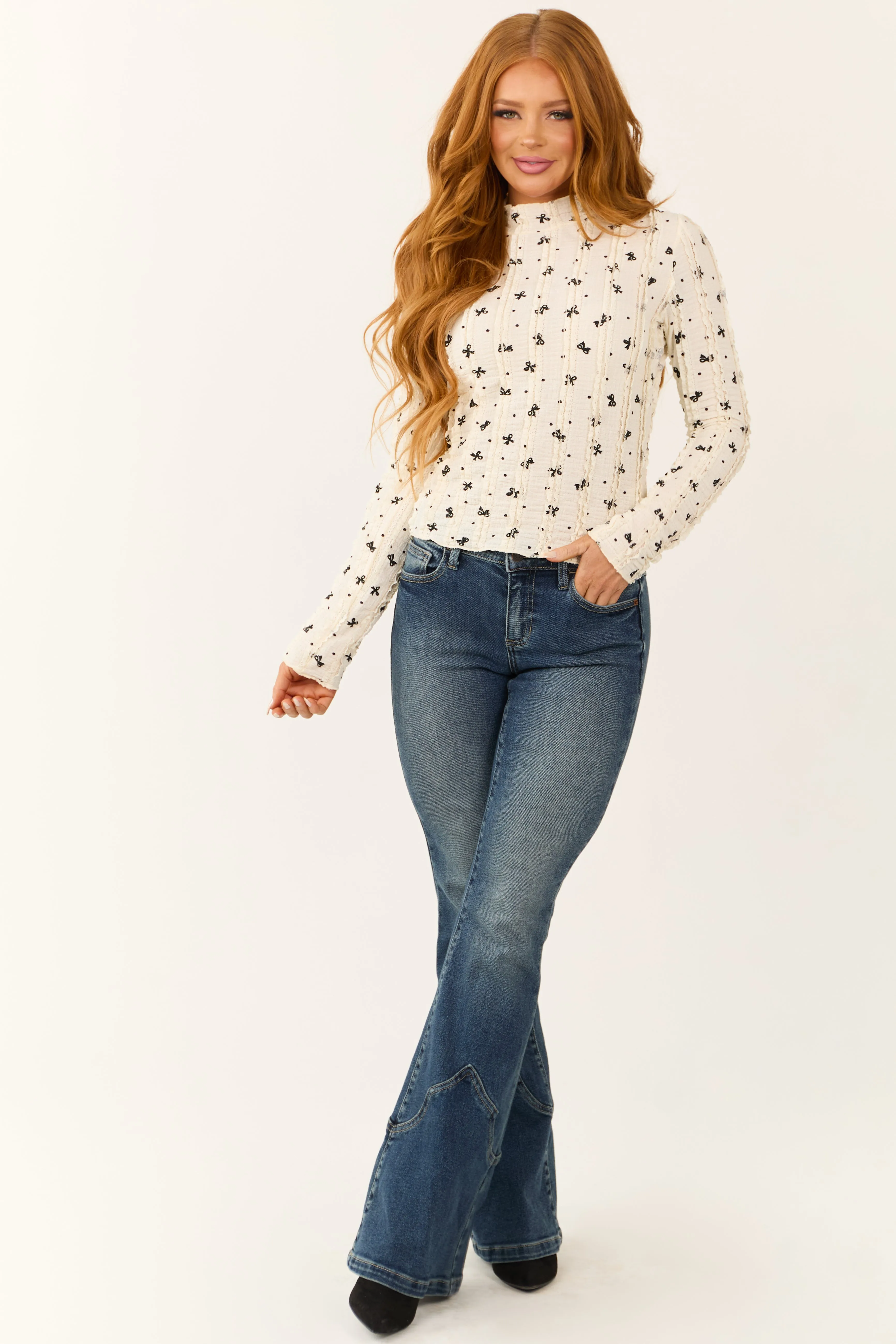 Cream Bow Print Lace Ruffle Long Sleeve Top sold by Lime Lush product image thumbnail 3