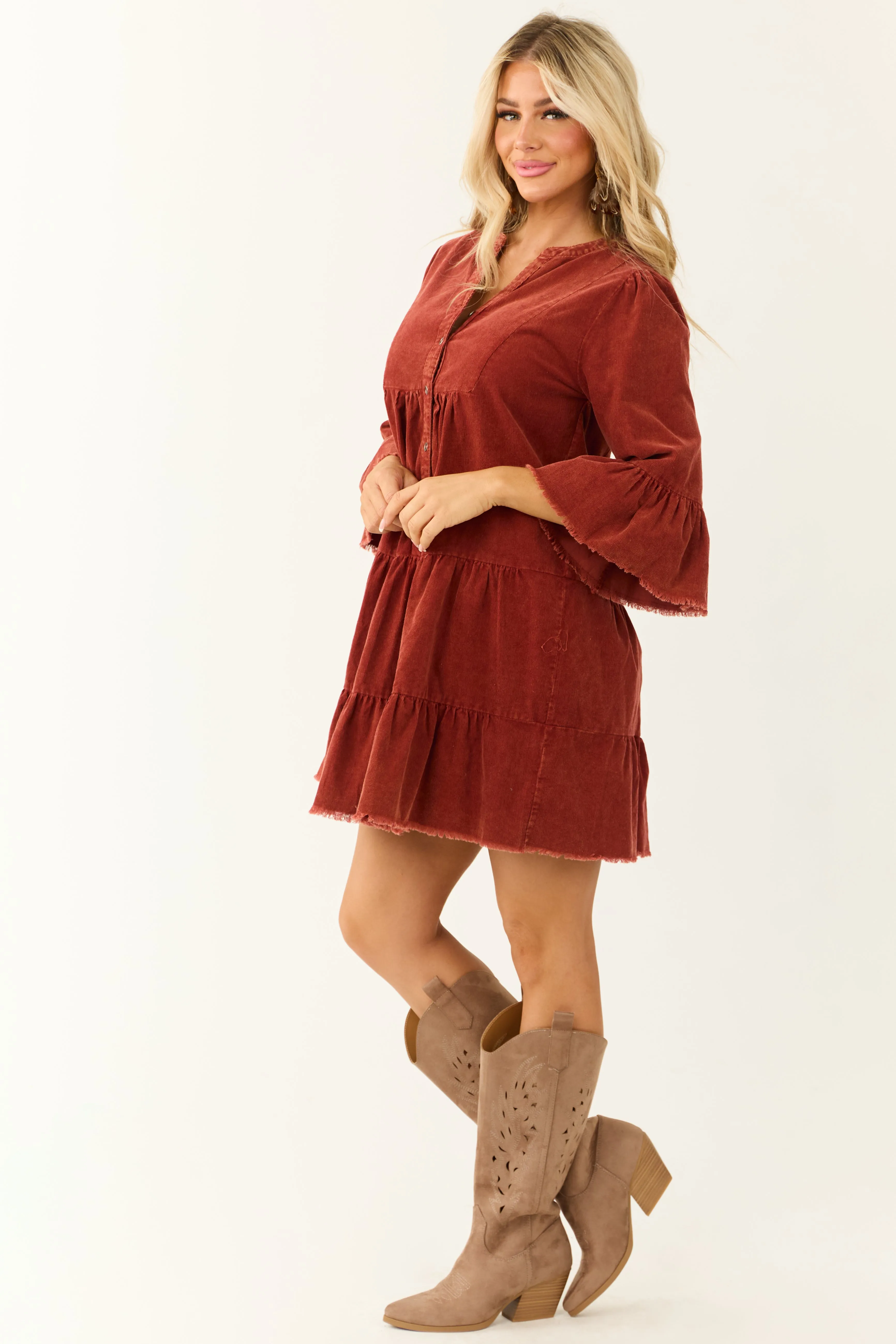 Brick Washed Corduroy Tiered Button Down Short Dress sold by Lime Lush product image thumbnail 5