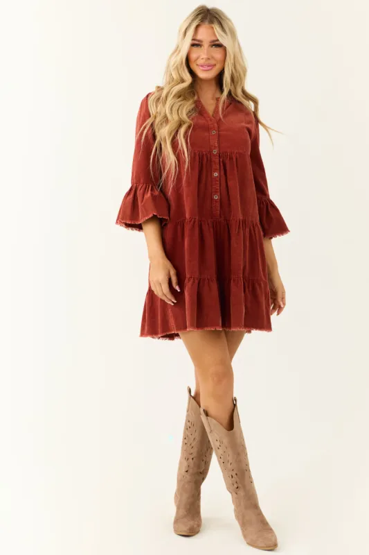 Brick Washed Corduroy Tiered Button Down Short Dress sold by Lime Lush
