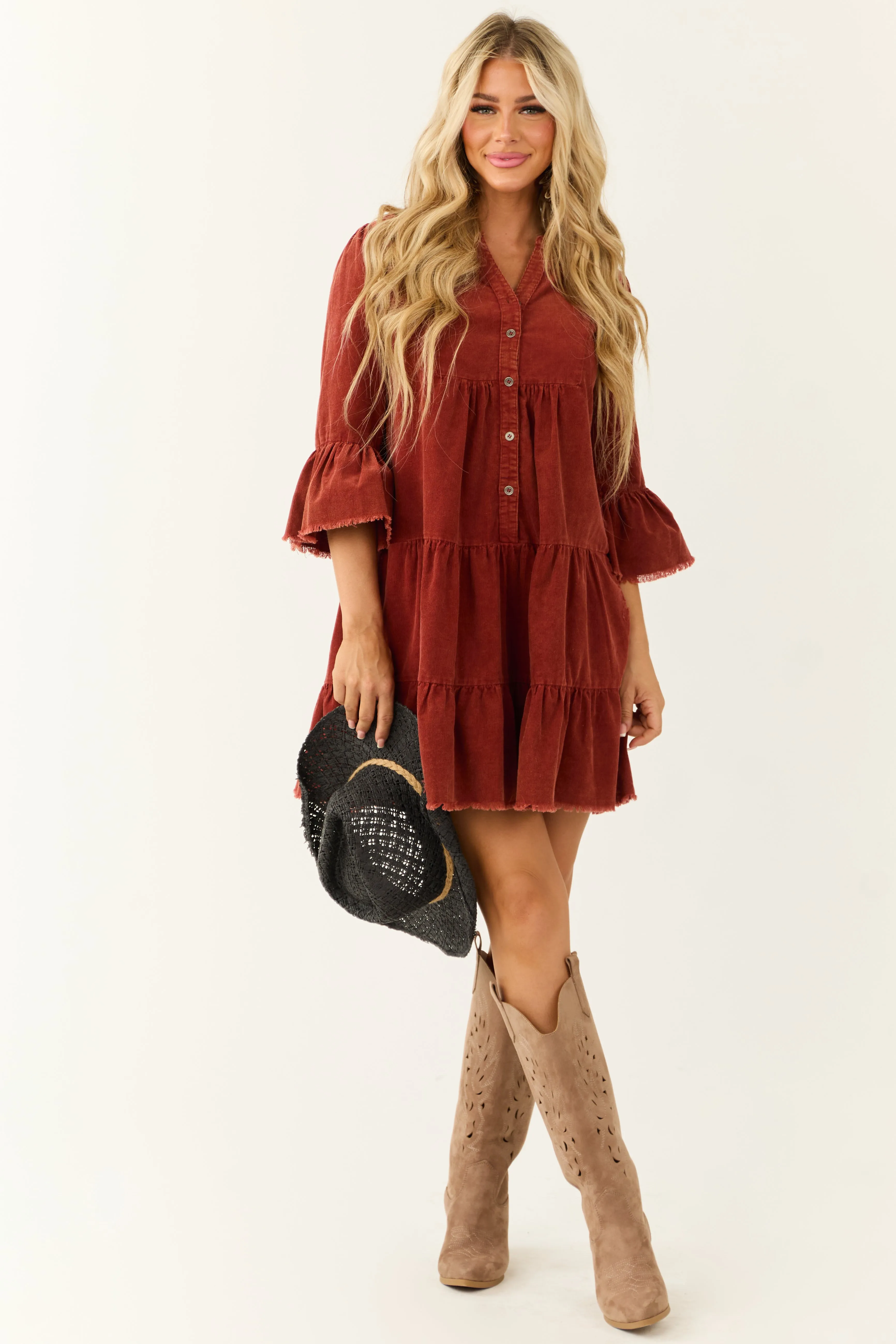 Brick Washed Corduroy Tiered Button Down Short Dress sold by Lime Lush product image thumbnail 2