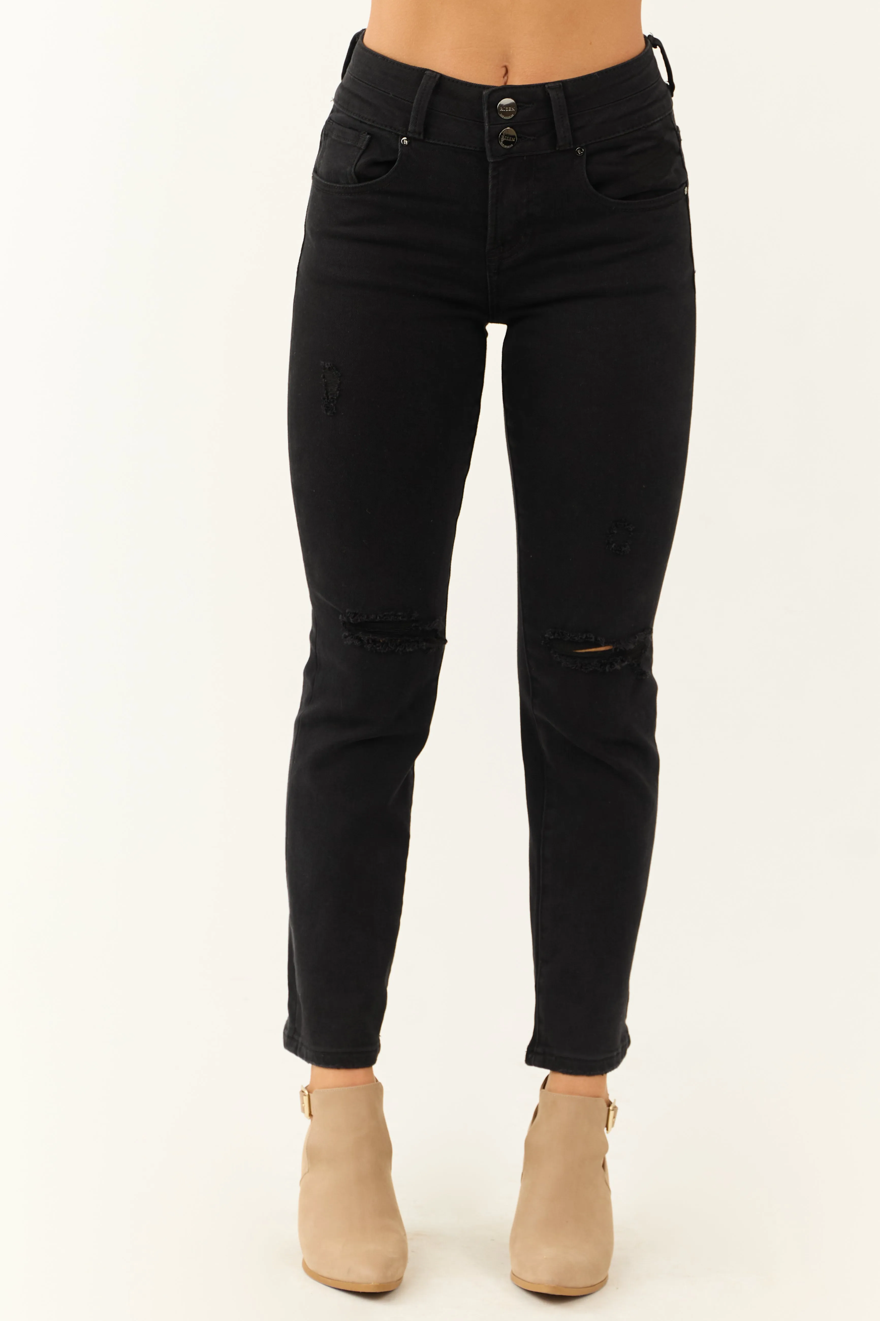 Risen Black High Rise Distressed Ankle Jeans sold by Lime Lush