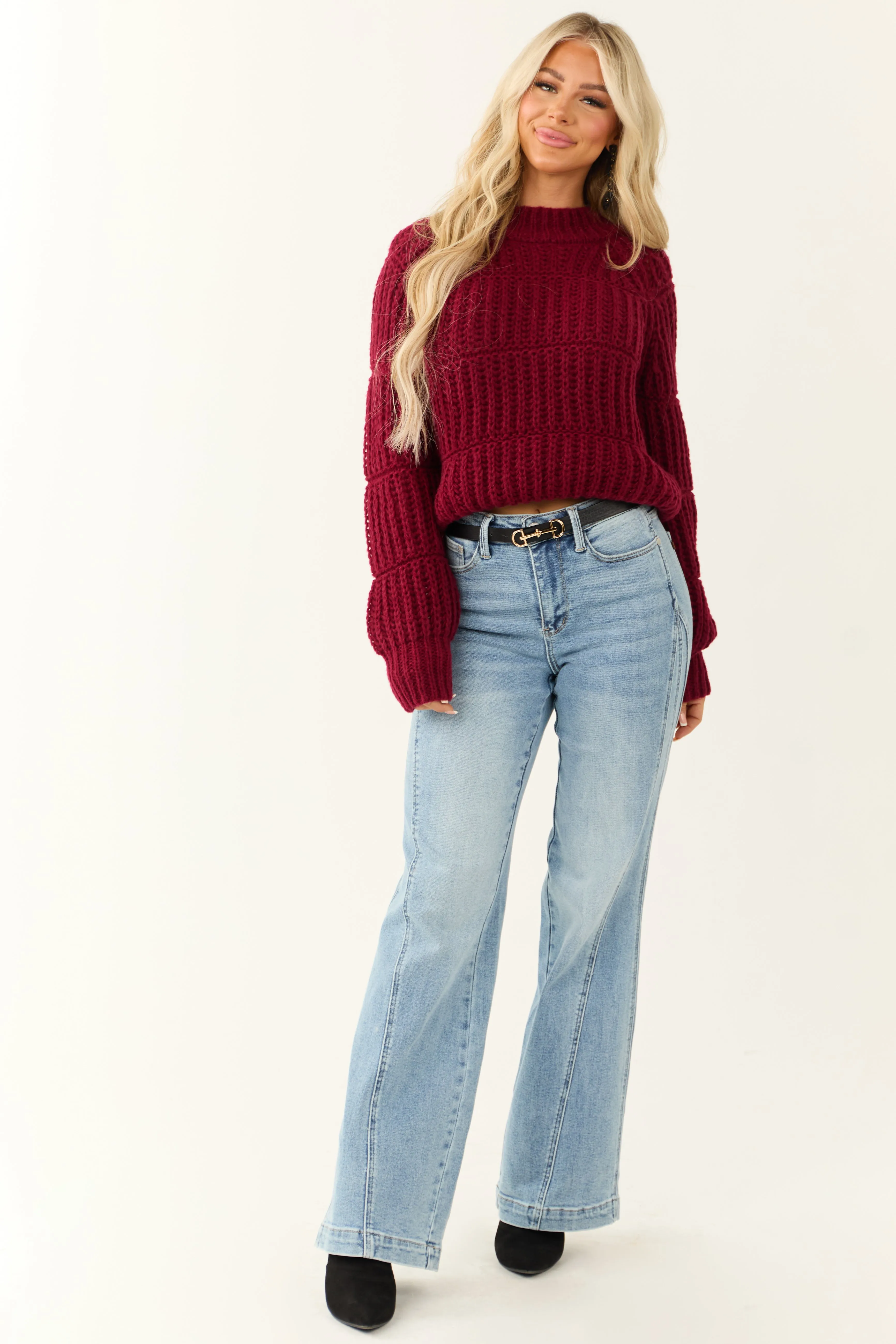 Wine Chunky Knit Mixed Weave Sweater sold by Lime Lush product image thumbnail 3