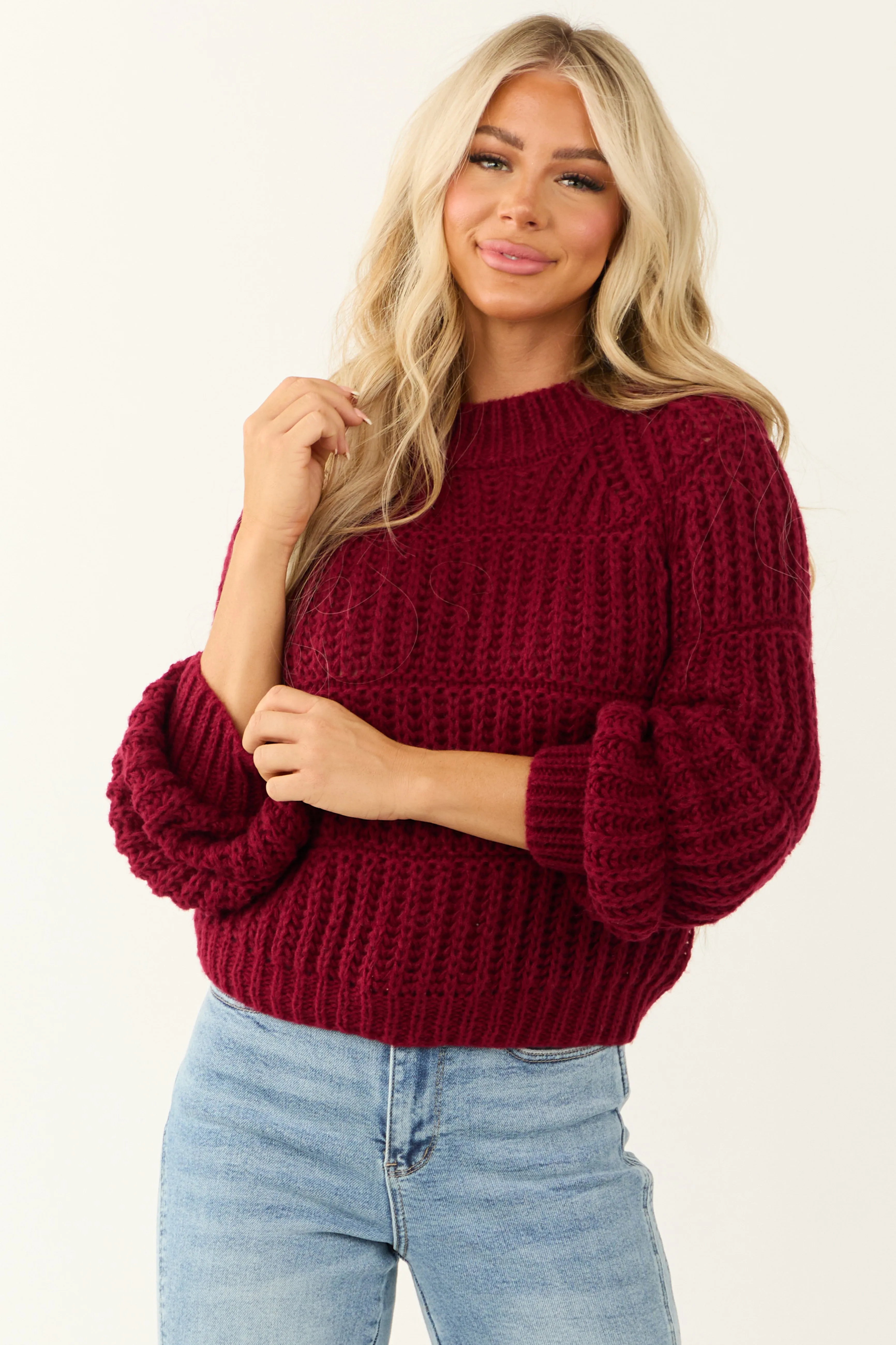 Wine Chunky Knit Mixed Weave Sweater sold by Lime Lush