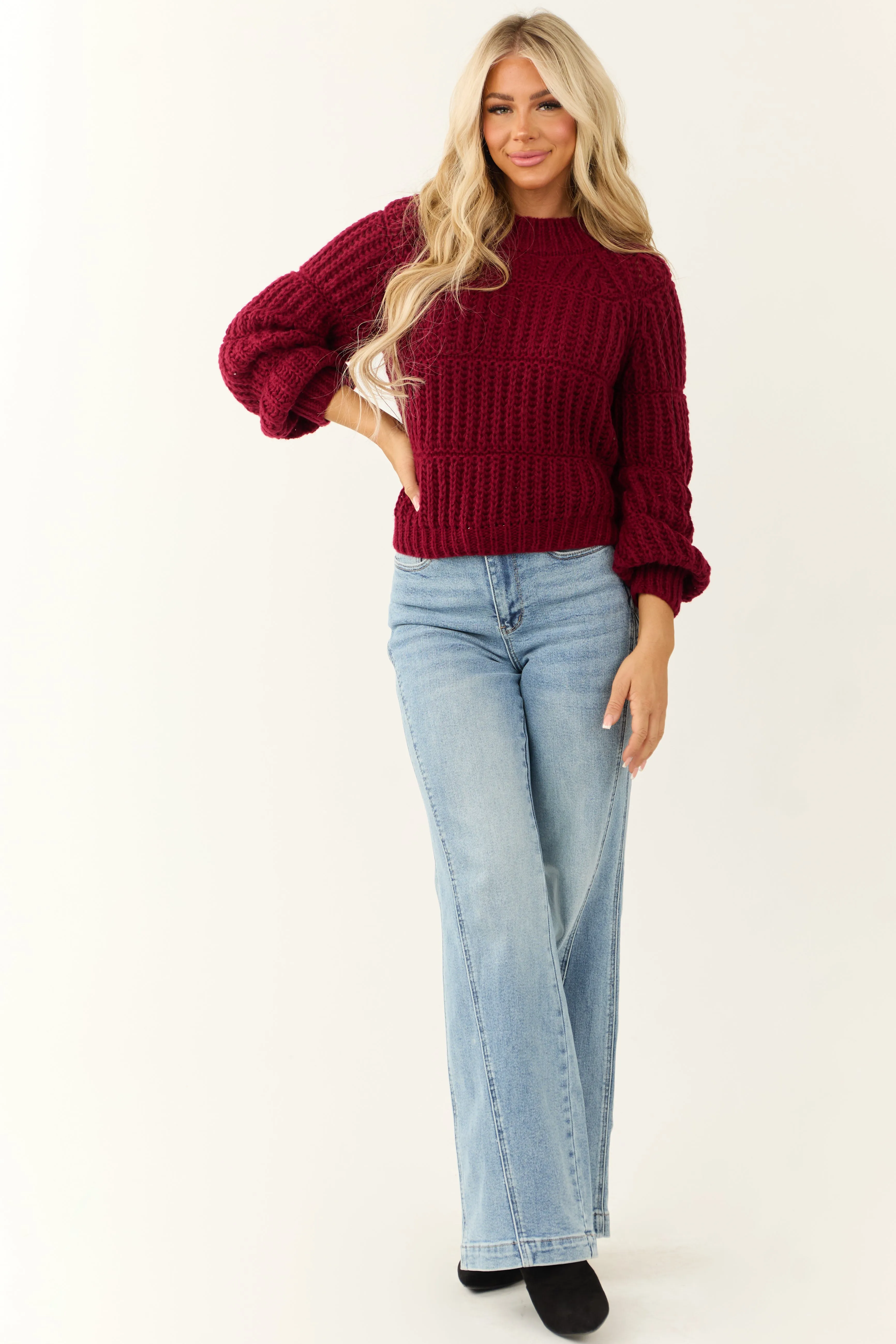 Wine Chunky Knit Mixed Weave Sweater sold by Lime Lush product image thumbnail 2