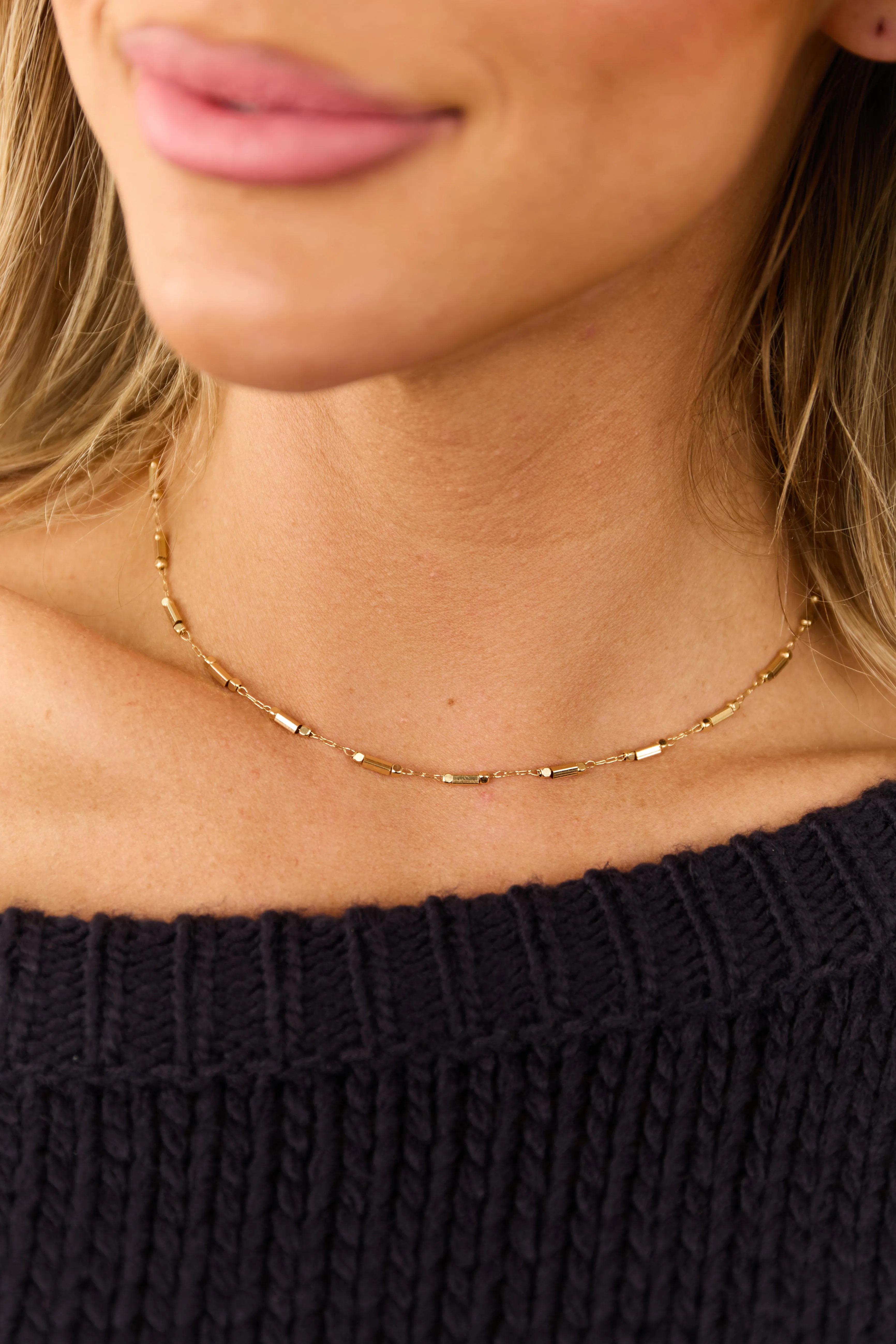Gold Metallic Bar Beaded Segmented Necklace sold by Lime Lush