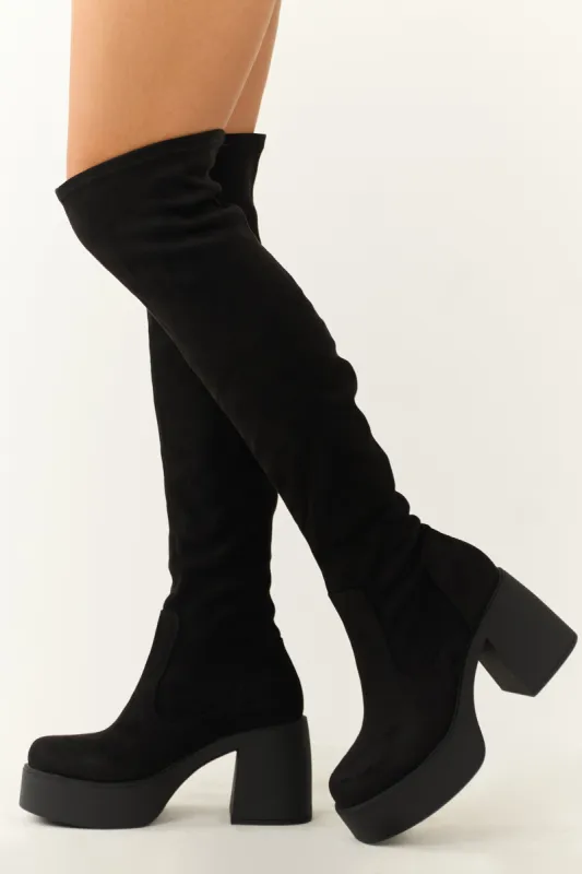 Black Chunky Heel Faux Suede Knee High Boots sold by Lime Lush