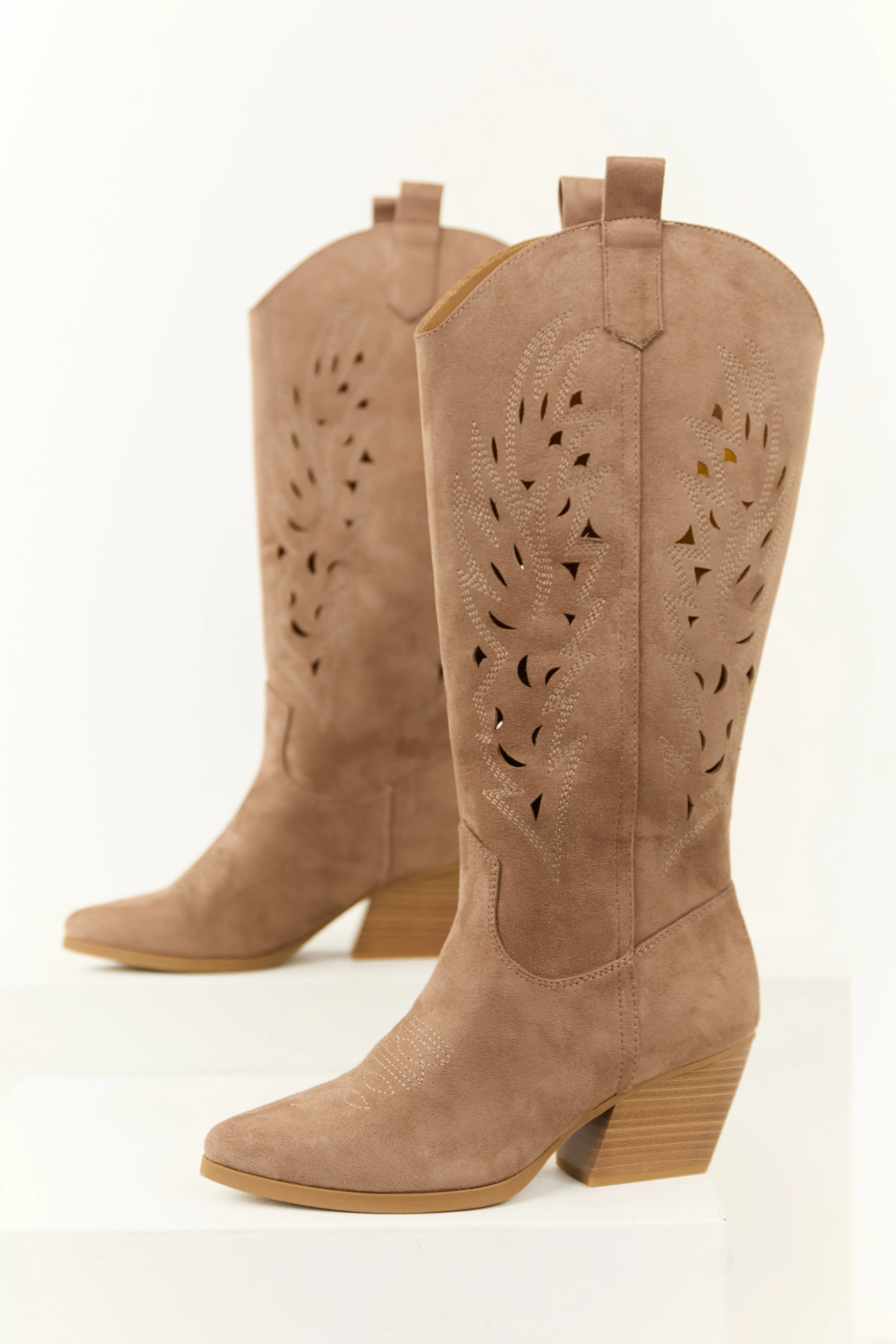 Dark Taupe Block Heel Western Cut Out Tall Boot sold by Lime Lush