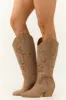 Dark Taupe Block Heel Western Cut Out Tall Boot sold by Lime Lush