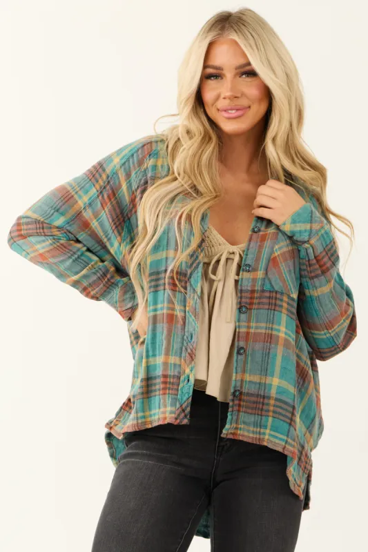 Teal Plaid Button Up Long Sleeve Flannel Shirt sold by Lime Lush