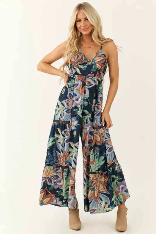 Navy Floral Print Open Back Wide Leg Jumpsuit sold by Lime Lush