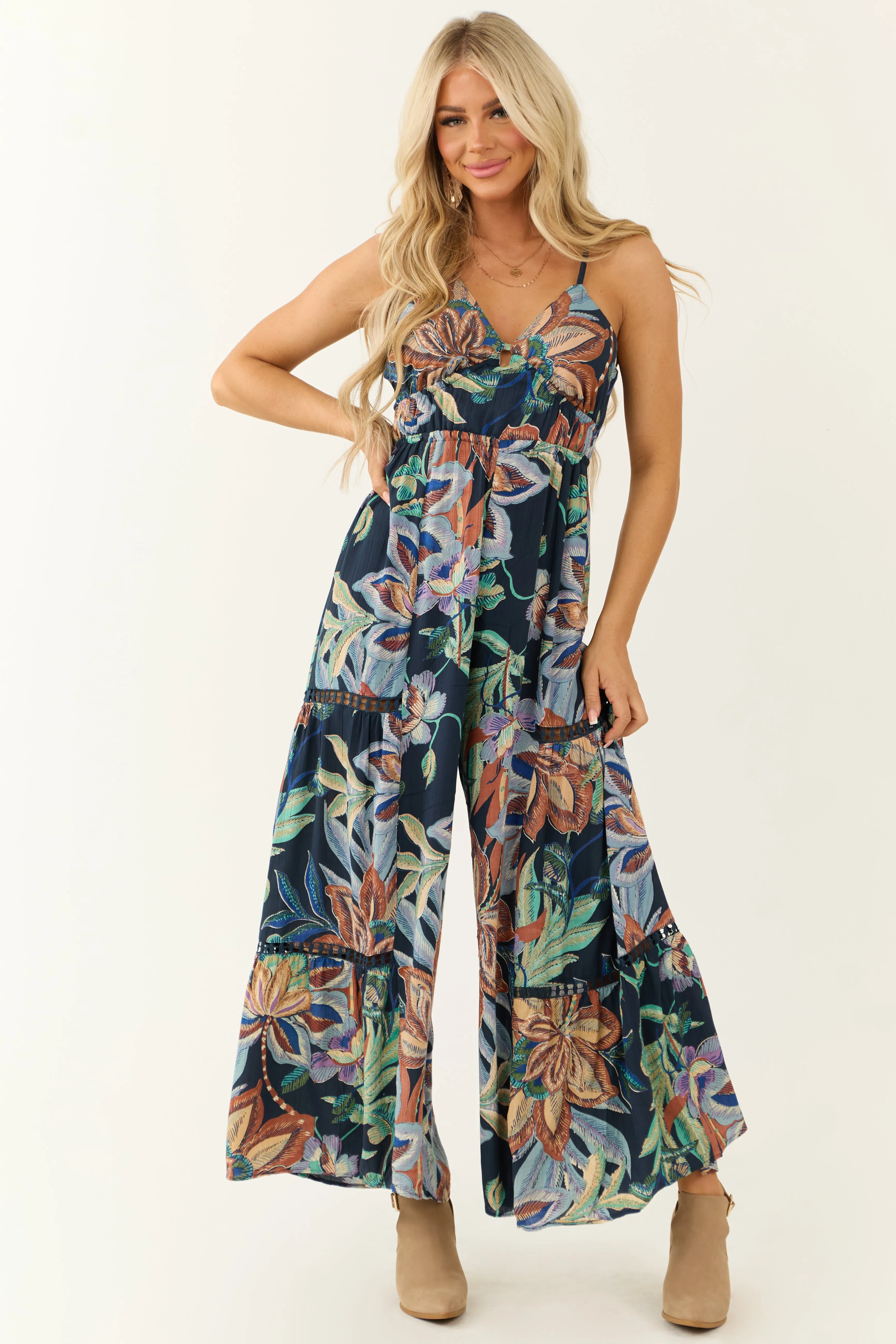 Navy Floral Print Open Back Wide Leg Jumpsuit sold by Lime Lush